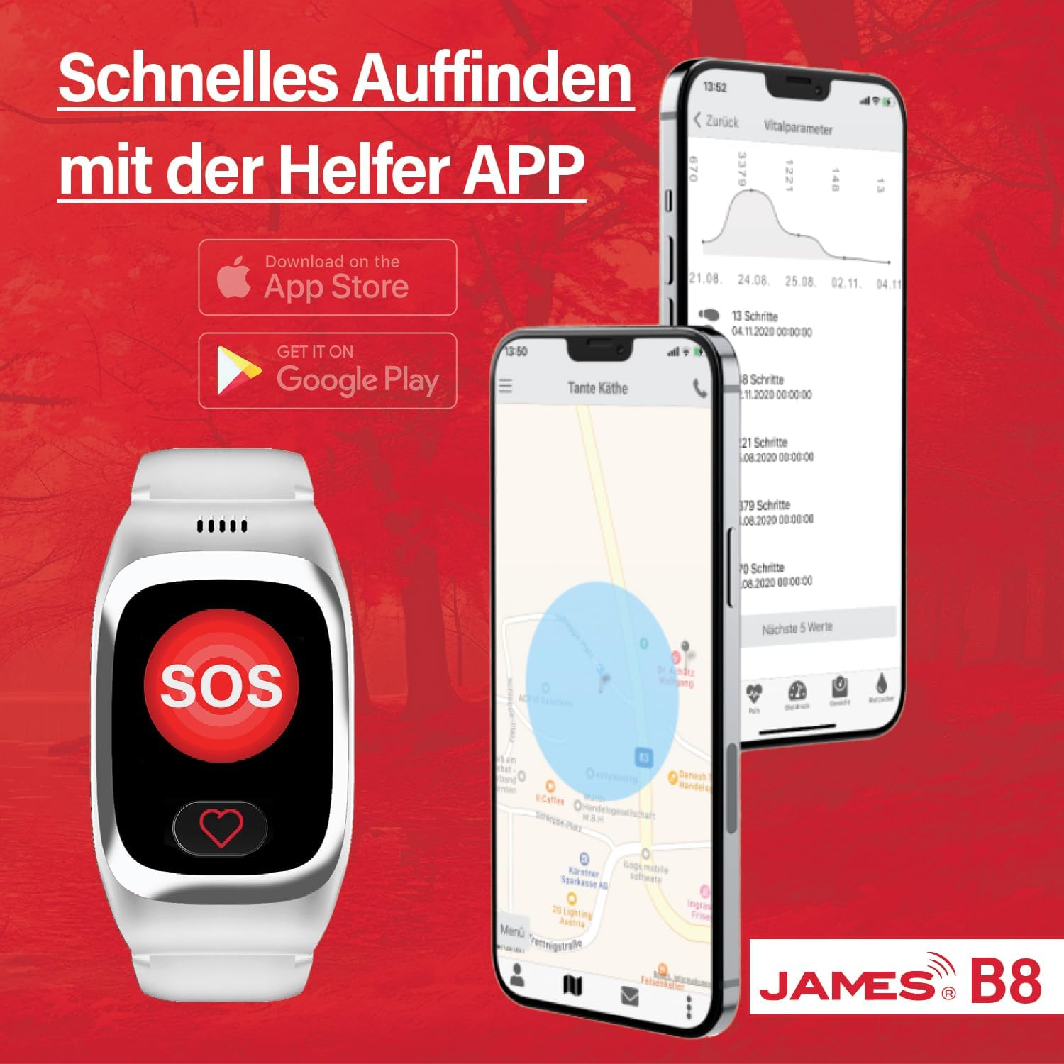 Smartwatch con pulsante SOS, telefono con mappa e display dati sanitari.