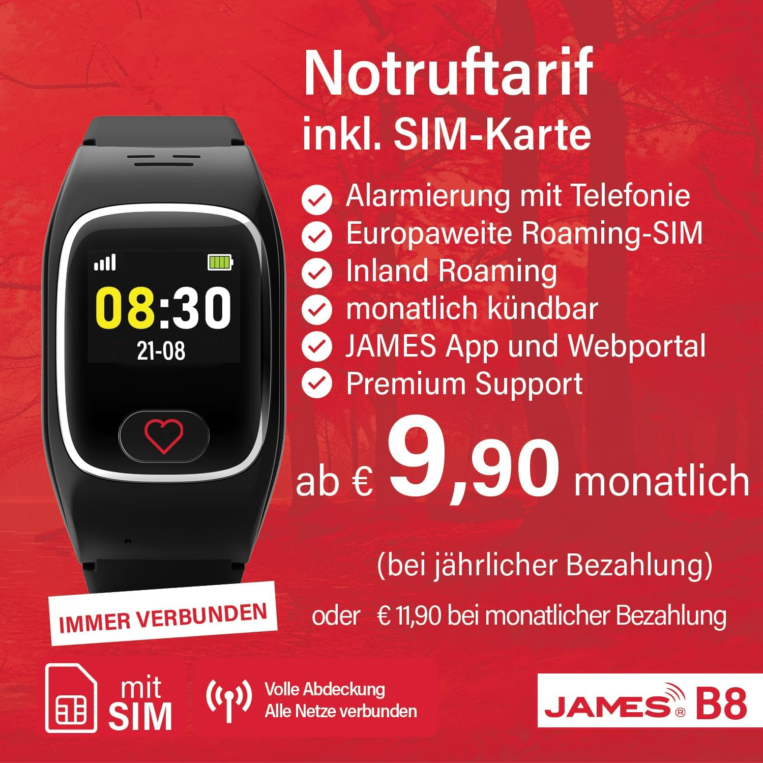 Smartwatch nero con testo e simbolo del cuore, con offerta di abbonamento.