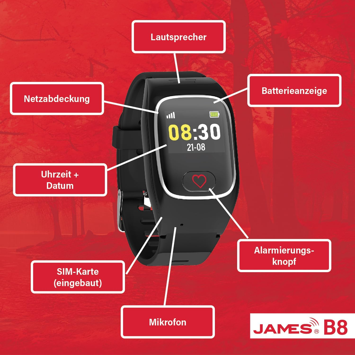 Smartwatch con display che mostra ora e data. Ha pulsanti e un'icona a forma di cuore. Sfondo rosso.