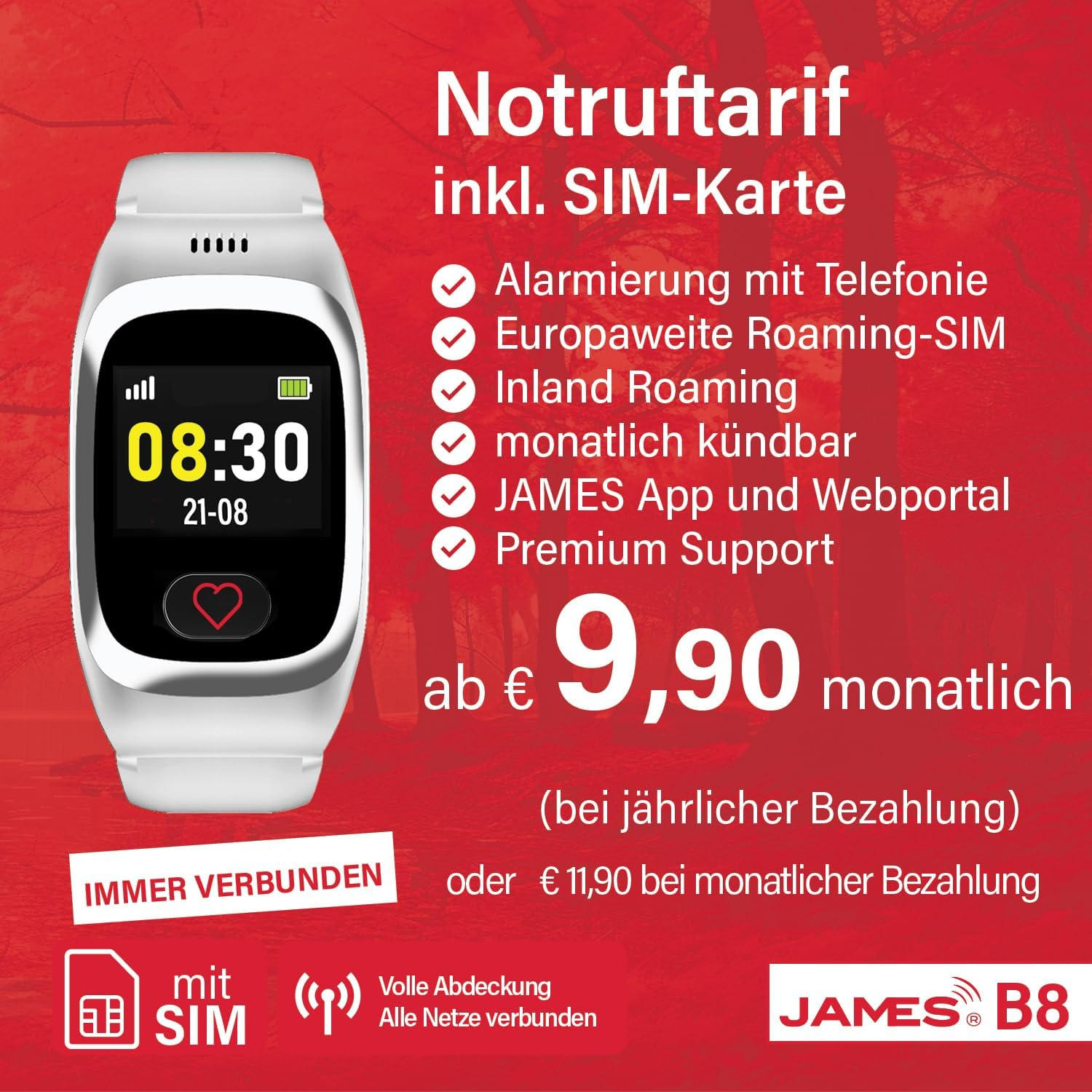 Smartwatch bianco con display che mostra l'ora e testo su un volantino promozionale.