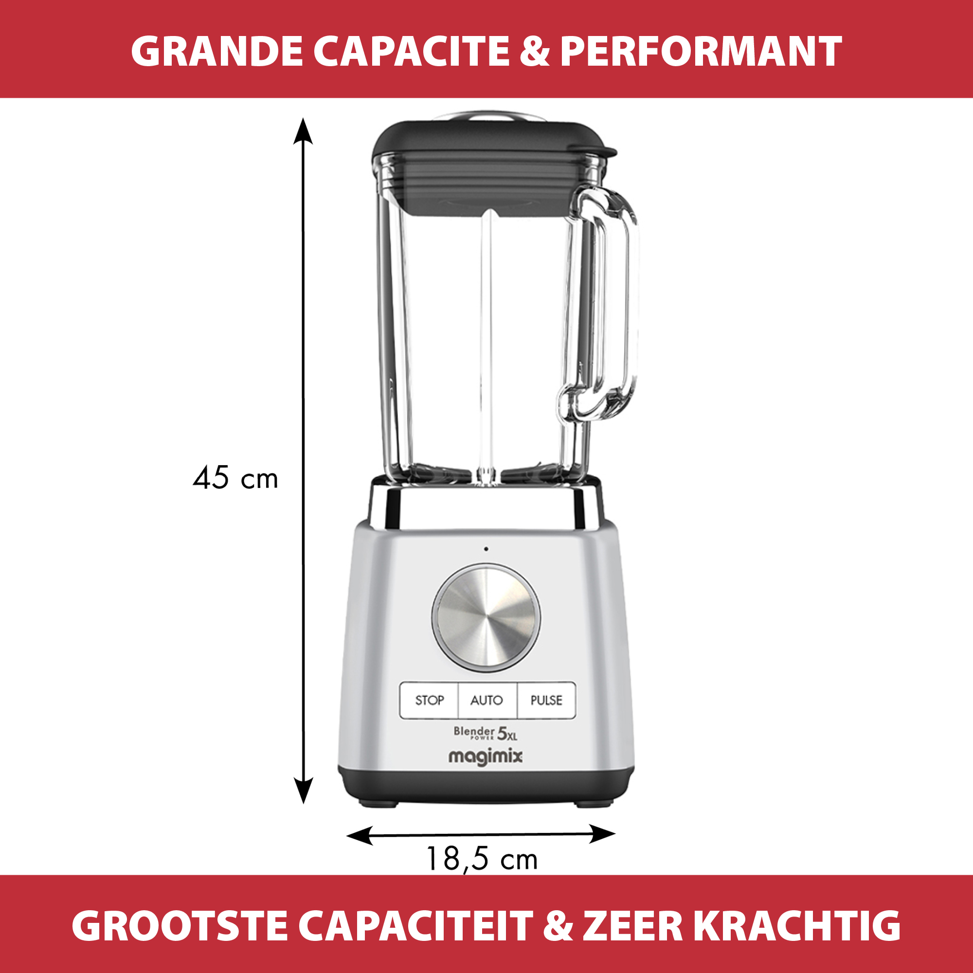 A silver Blender 5XL blender. Showing dimensions of 45 cm height and 18.5 cm width.