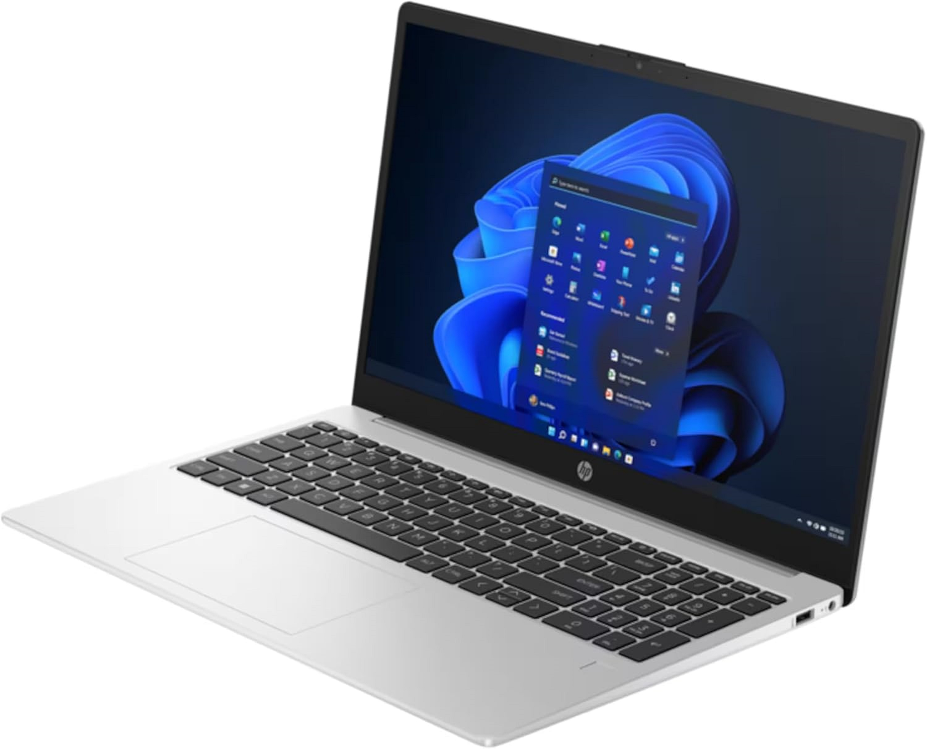 Ein silberner Laptop mit schwarzer Tastatur und Display, das eine Windows-Oberfläche zeigt.