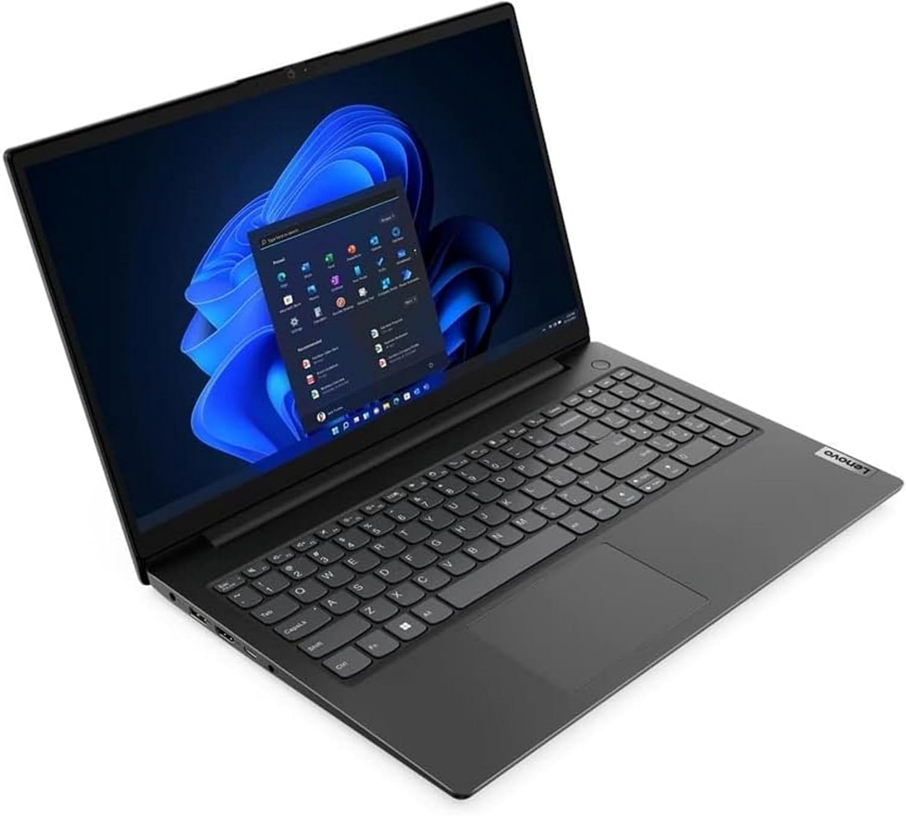Laptop mit Windows-Desktop mit Symbolen. Der Laptop ist dunkelgrau.