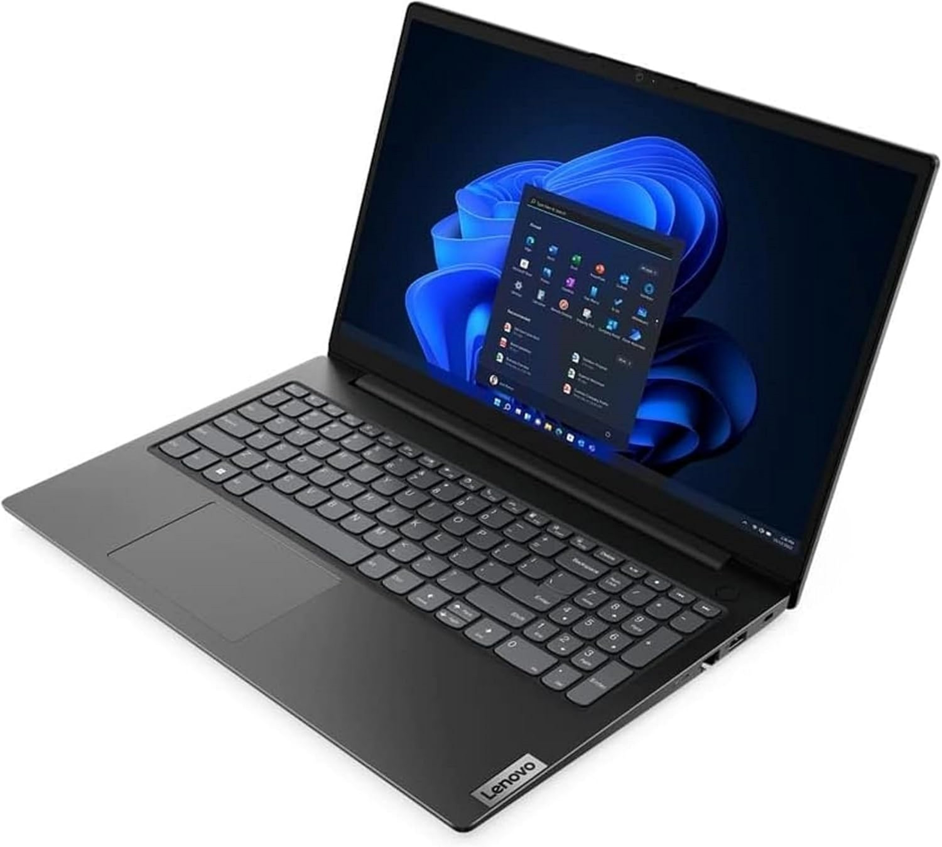 Laptop mit geöffnetem Bildschirm, der Windows 11 anzeigt. Auf weißer Oberfläche. Tastatur sichtbar.