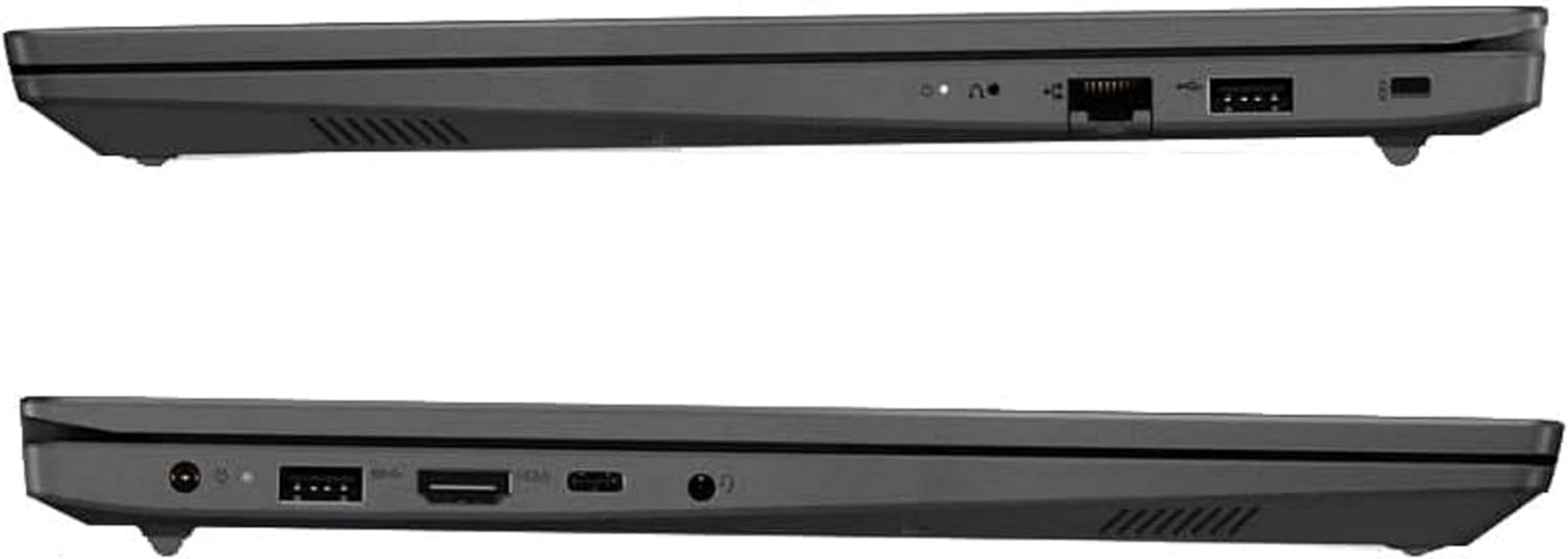 Zwei Laptops nebeneinander, die Anschlüsse und Lüfter an ihren dunkelgrauen Seiten zeigen.