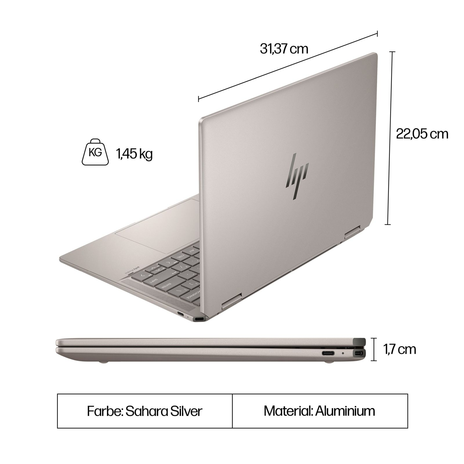 Laptop auf Weiß. Maße: 31,37 cm, 22,05 cm, 1,7 cm. Farbe: Sahara Silver.
