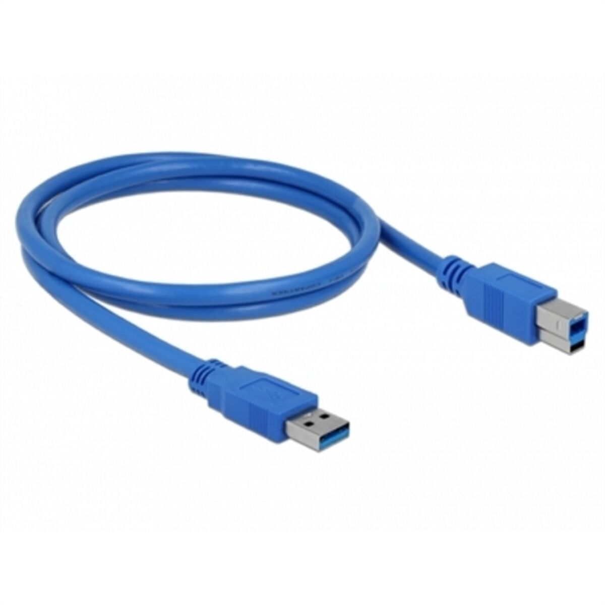 Cavo USB blu arrotolato. Entrambe le estremità hanno connettori USB. Sfondo bianco.