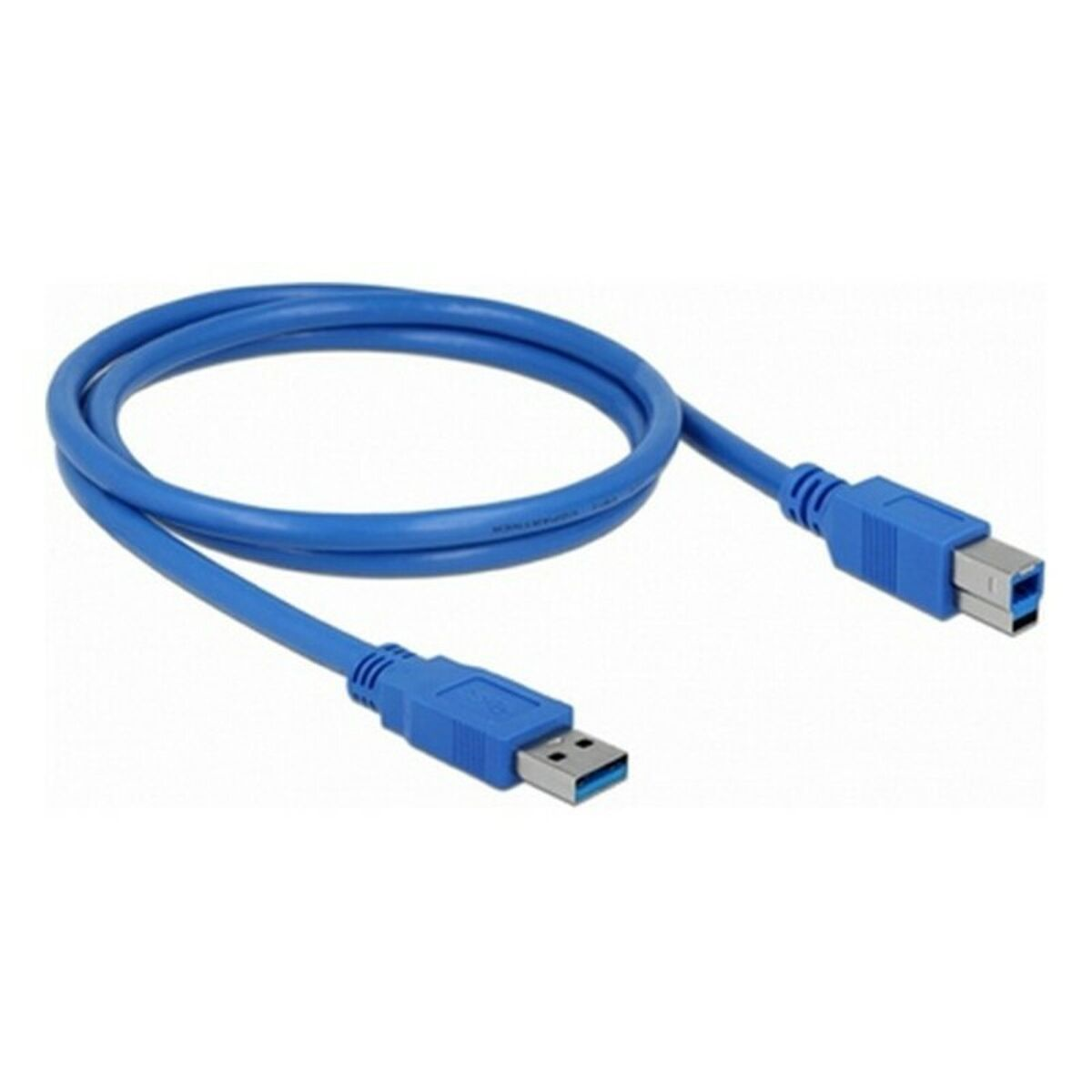 Cavo USB blu con connettori USB-A e USB-B, arrotolato su una superficie bianca.