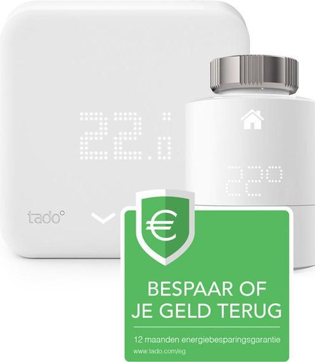 White Tado smart thermostat and radiator valve with a green energy saving label.