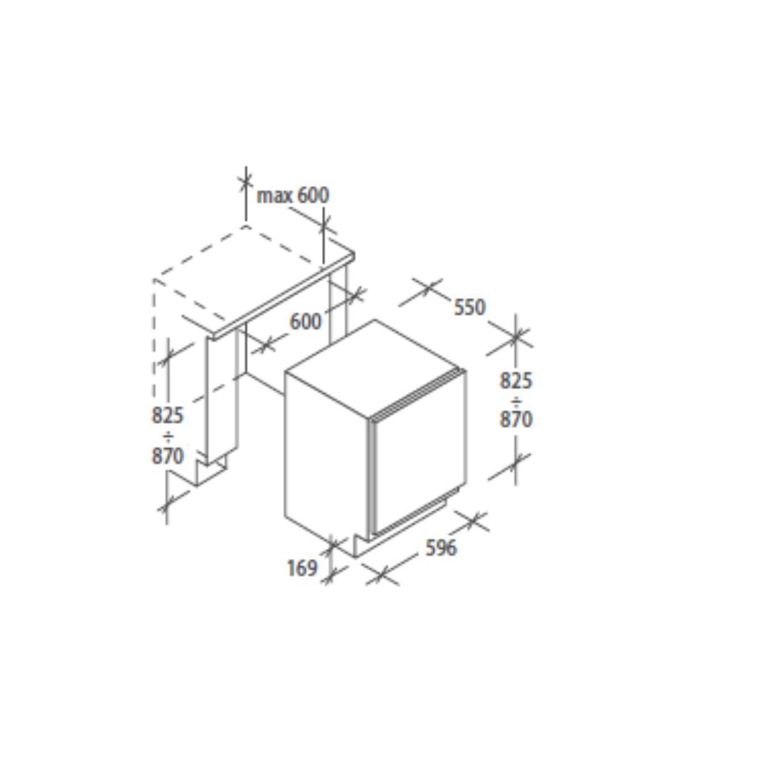 Diagramma di una lavastoviglie, con dimensioni e misure indicate per l'installazione.
