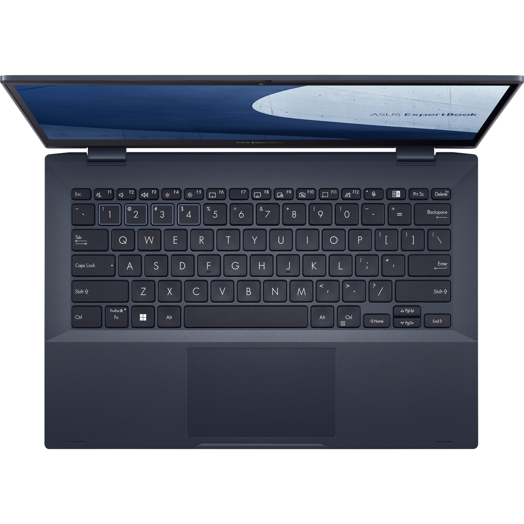 Draufsicht auf einen blauen Laptop mit Tastatur auf schwarzem Untergrund.