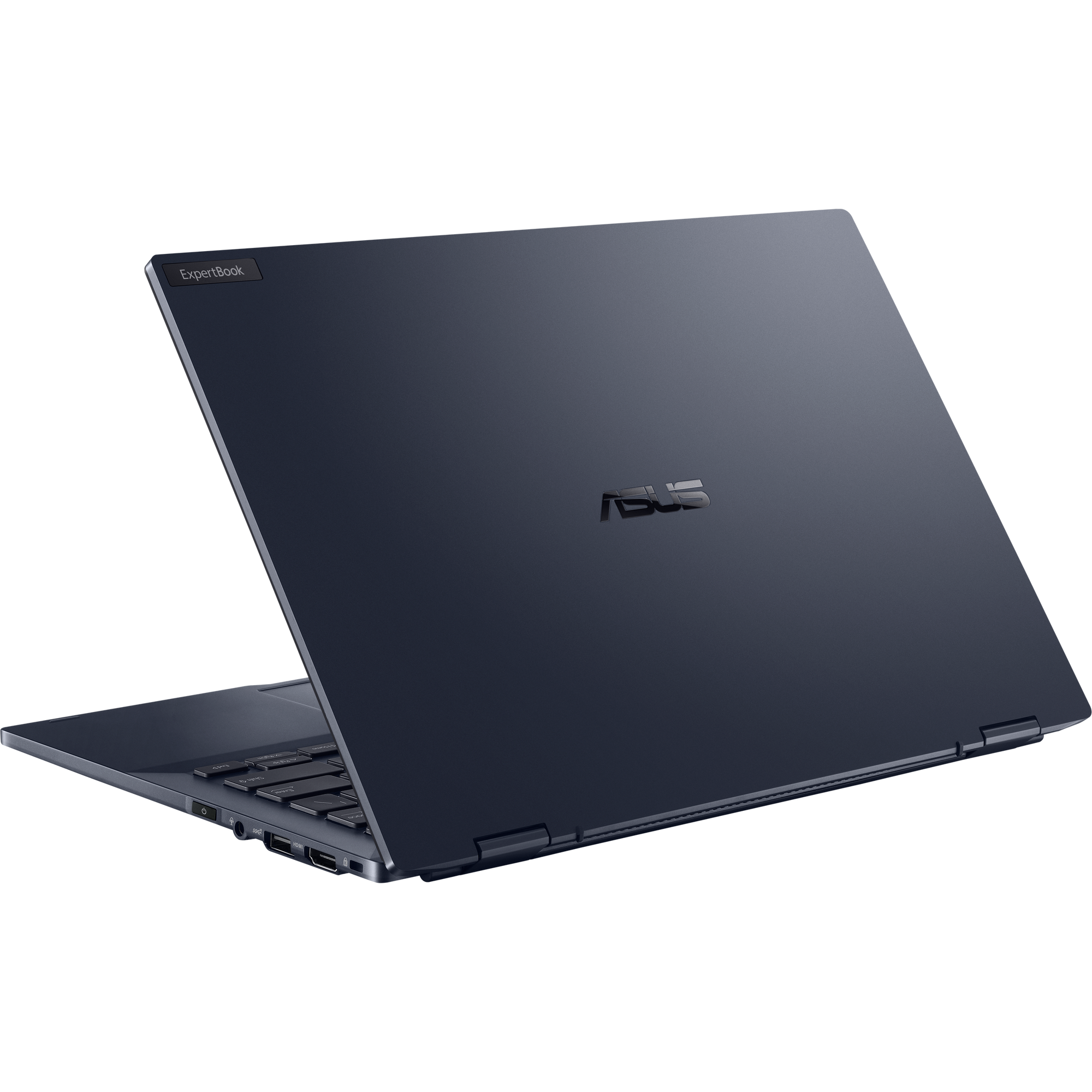 Ein dunkelblauer Laptop, in einem Winkel geöffnet. Das ASUS-Logo ist auf der Rückseite sichtbar.