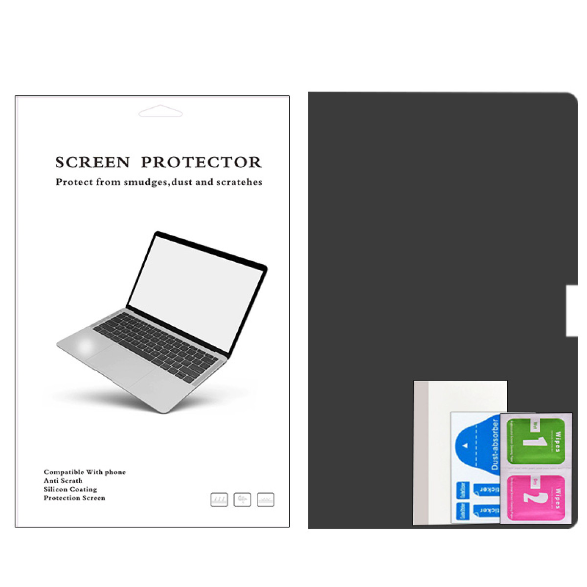 Verpakking van een schermbeschermer met een laptopafbeelding. Inclusief instructies en telefoongegevens.