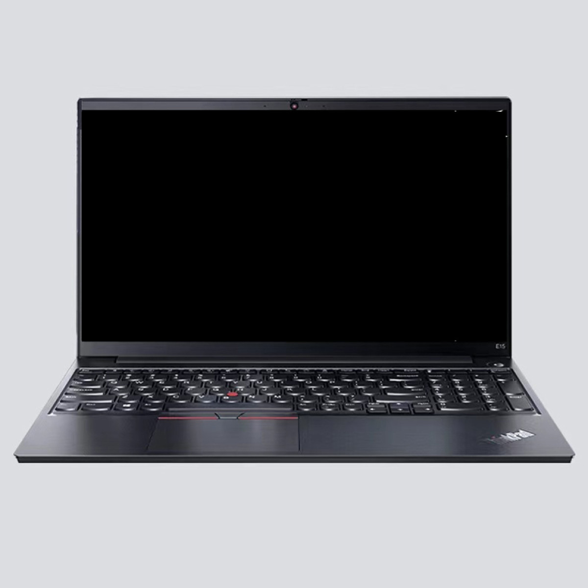 Zwarte laptop, open. Zichtbaar toetsenbord en scherm. Witte achtergrond. Modern design.