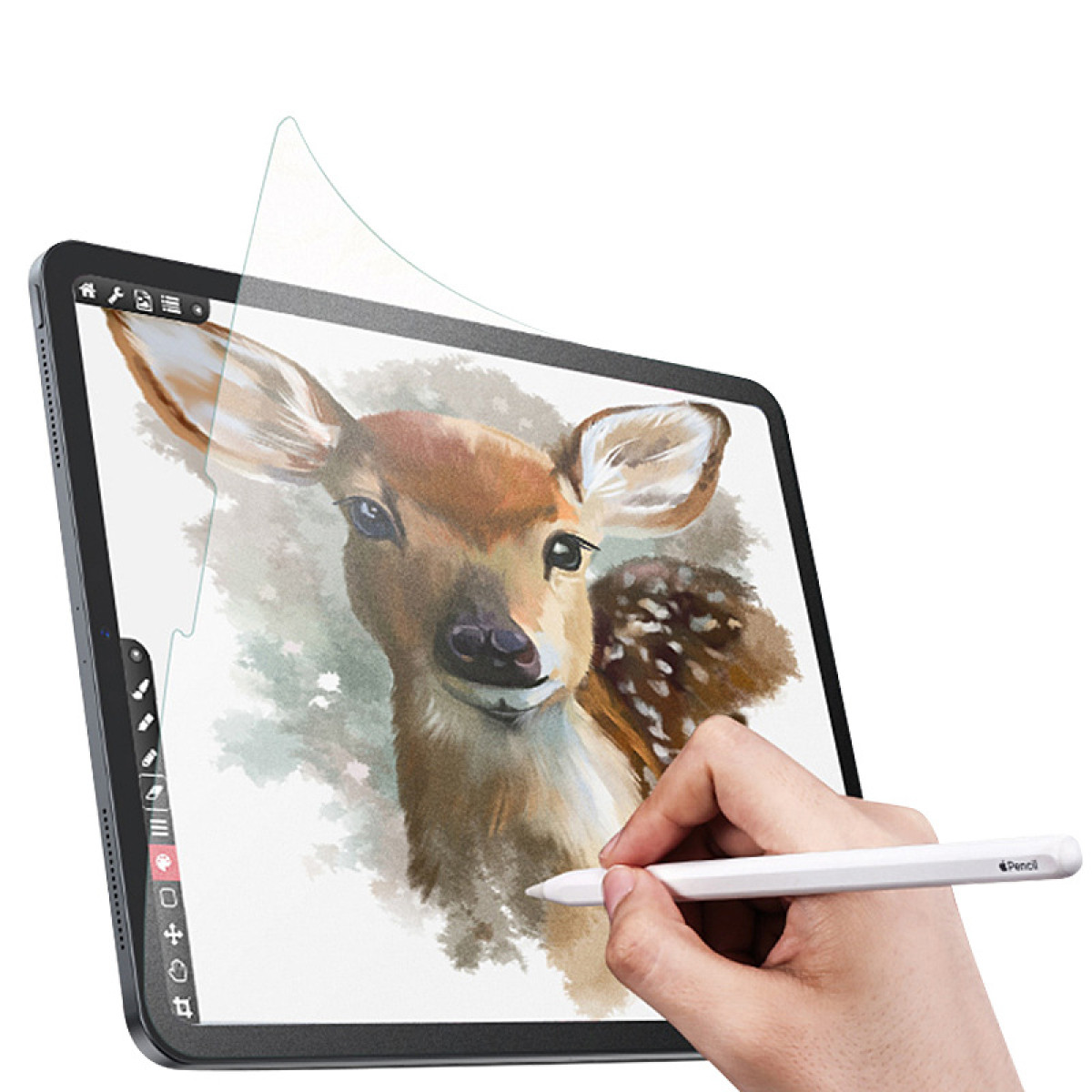 Een iPad met een hertentekening, getekend met een witte potlood.