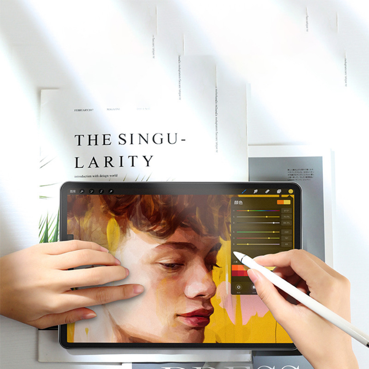 Een tablet toont een digitaal kunstportret. Een hand met een stylus tekent op het scherm.