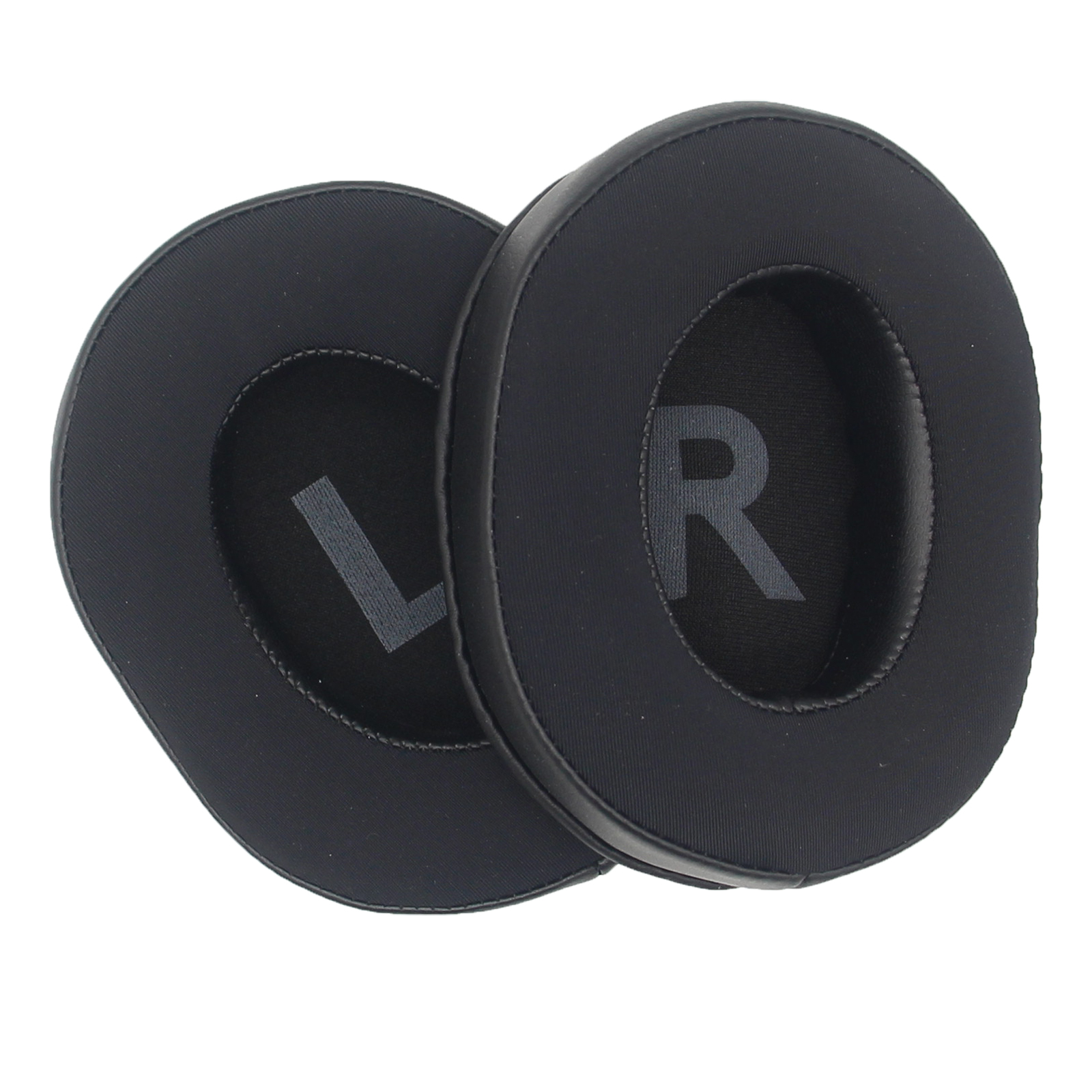 Due cuscinetti auricolari neri, contrassegnati con 'L' e 'R', per cuffie.