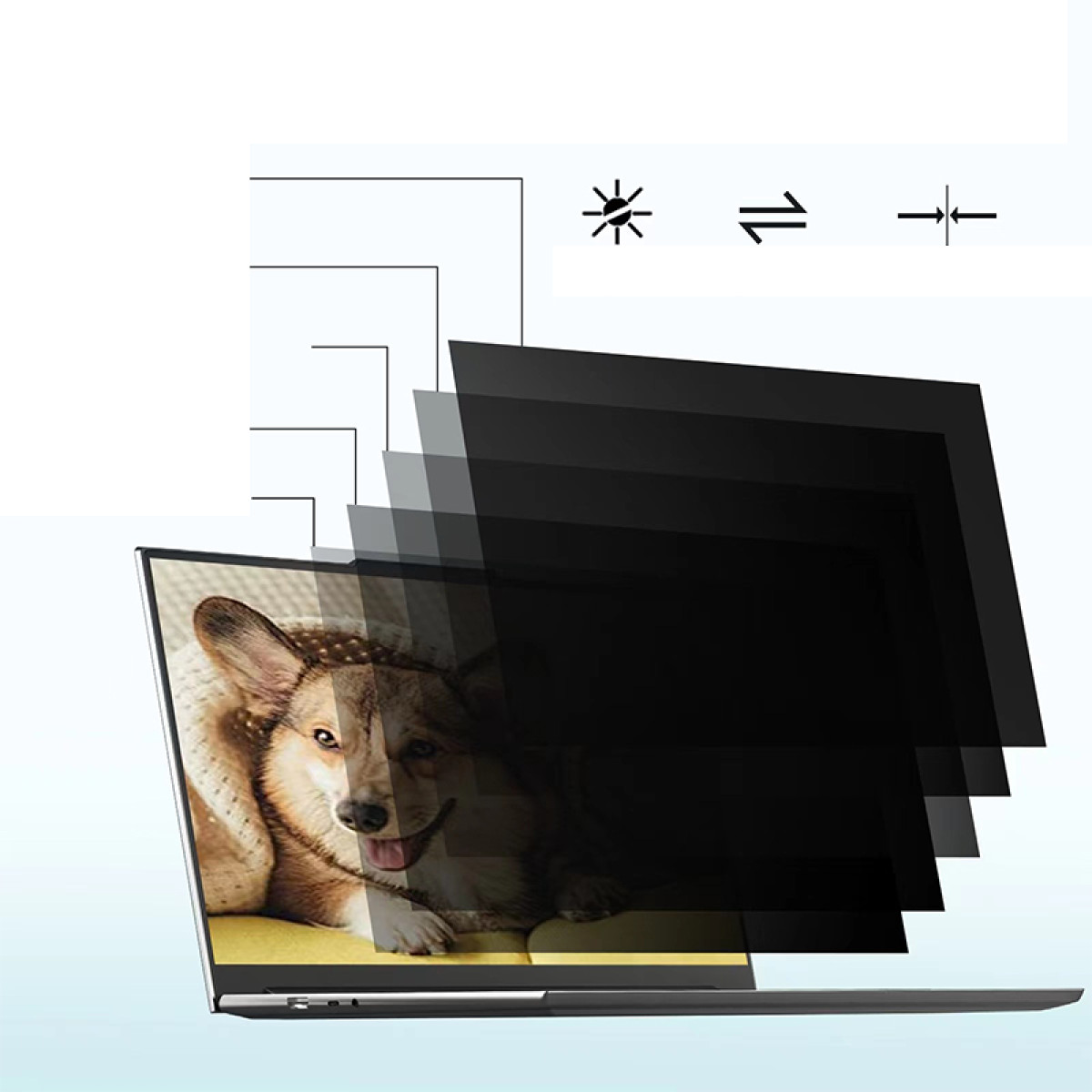 Laptopscherm met een hondenafbeelding en overlays. Illustratie van privacy.