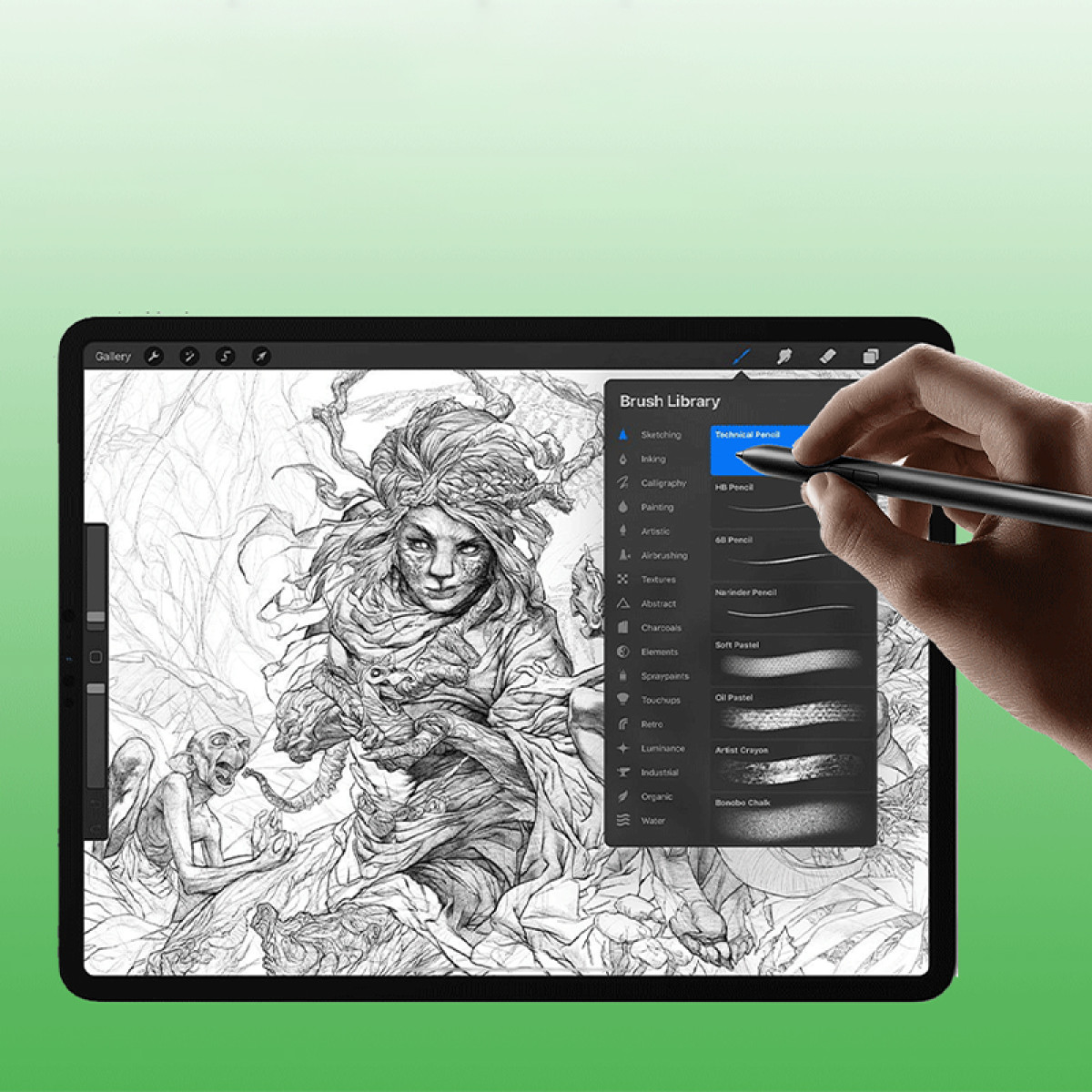 Tablet met tekening. Hand houdt stylus vast. Penseelbibliotheek rechts open.