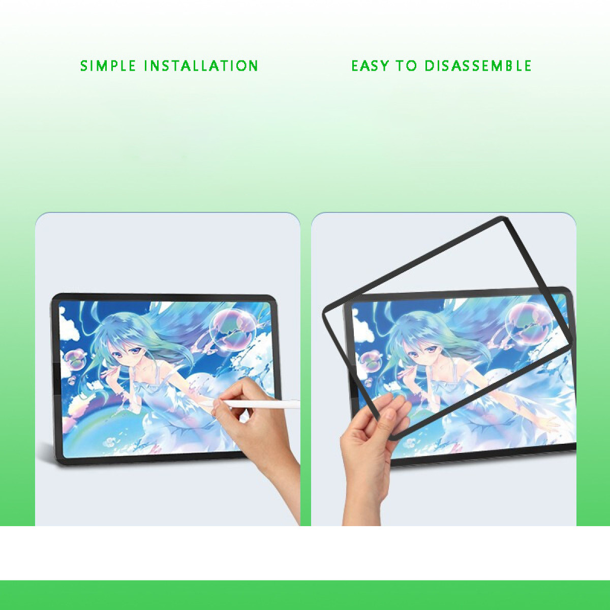 Twee afbeeldingen. Eenvoudige installatie en gemakkelijk te demonteren. Tablet met animekunst en frame.