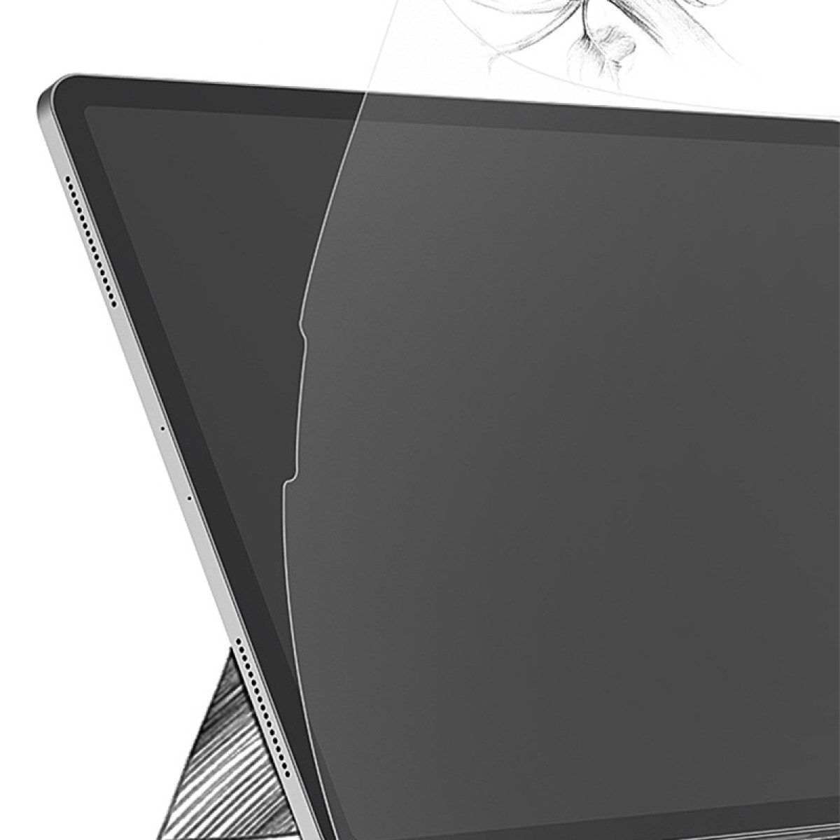 Close-up van een tablet hoek met een schermbeschermer.