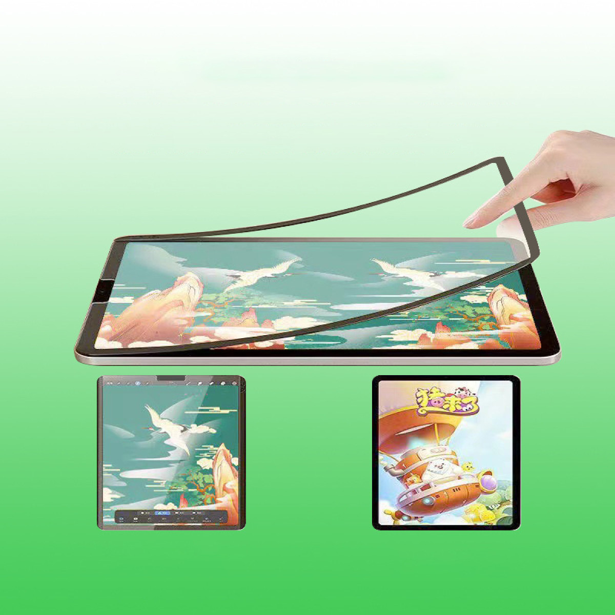 Tablet met schermbeschermer die wordt aangebracht. Twee andere tablets worden getoond.