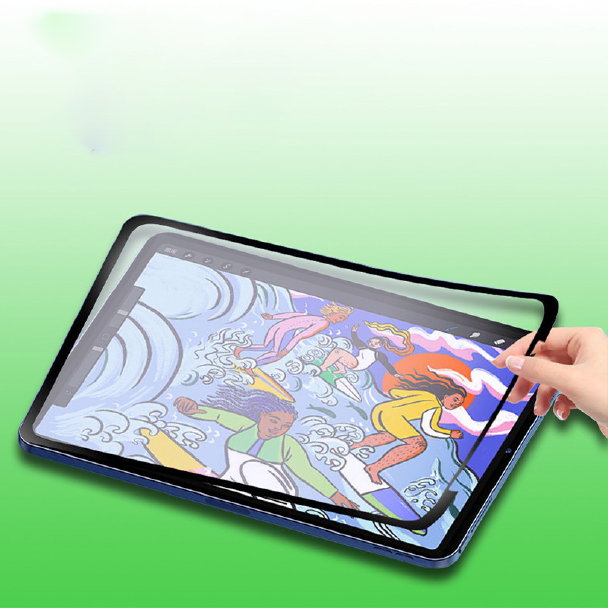 Hand plaatst screenprotector op tablet met illustratie op scherm.