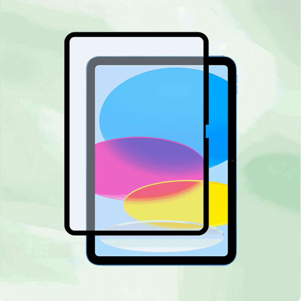 Tablet met kleurrijke abstracte kunst op het scherm. Een schermbeschermer wordt erop geplaatst.