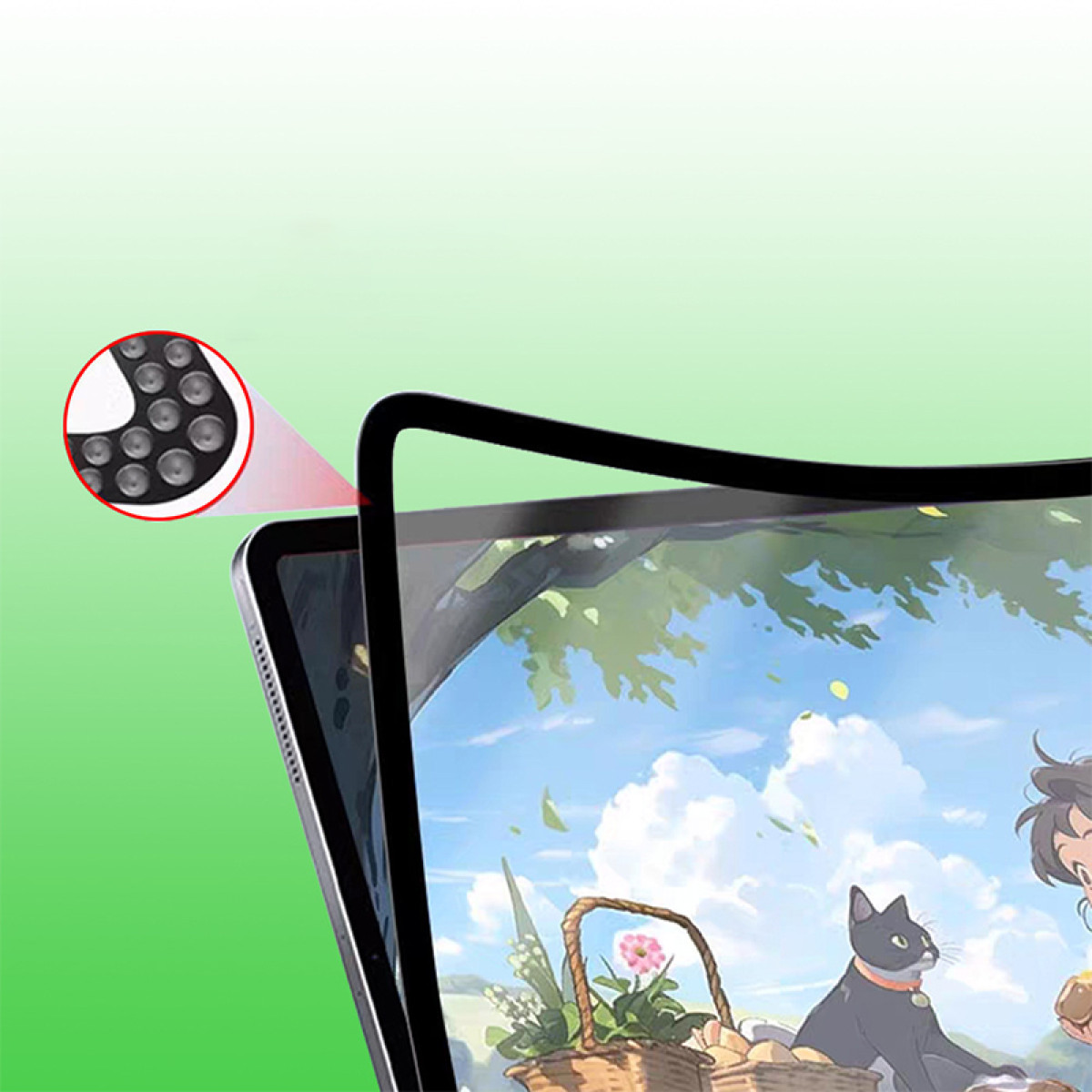 Tabletscherm toont geanimeerde scène met zwarte kat en mand. Cirkelvormige inzet toont camera.