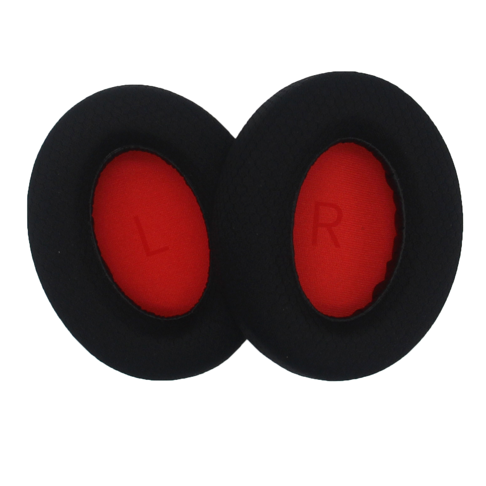 Coppia di cuscinetti neri con tessuto interno rosso. Etichette L e R. Sfondo bianco.