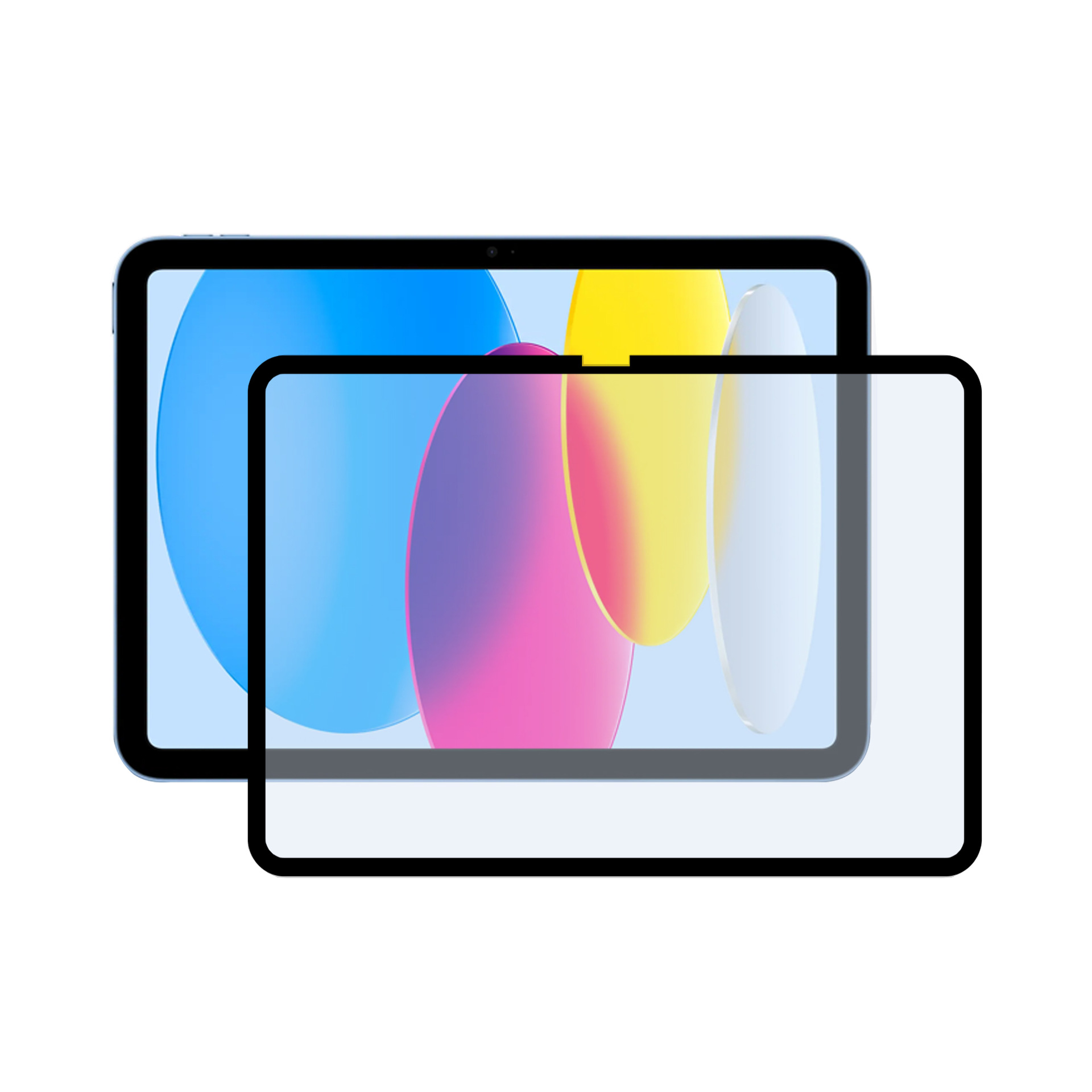 Tablet met screenprotector. Blauwe achtergrond, transparante protector eroverheen.
