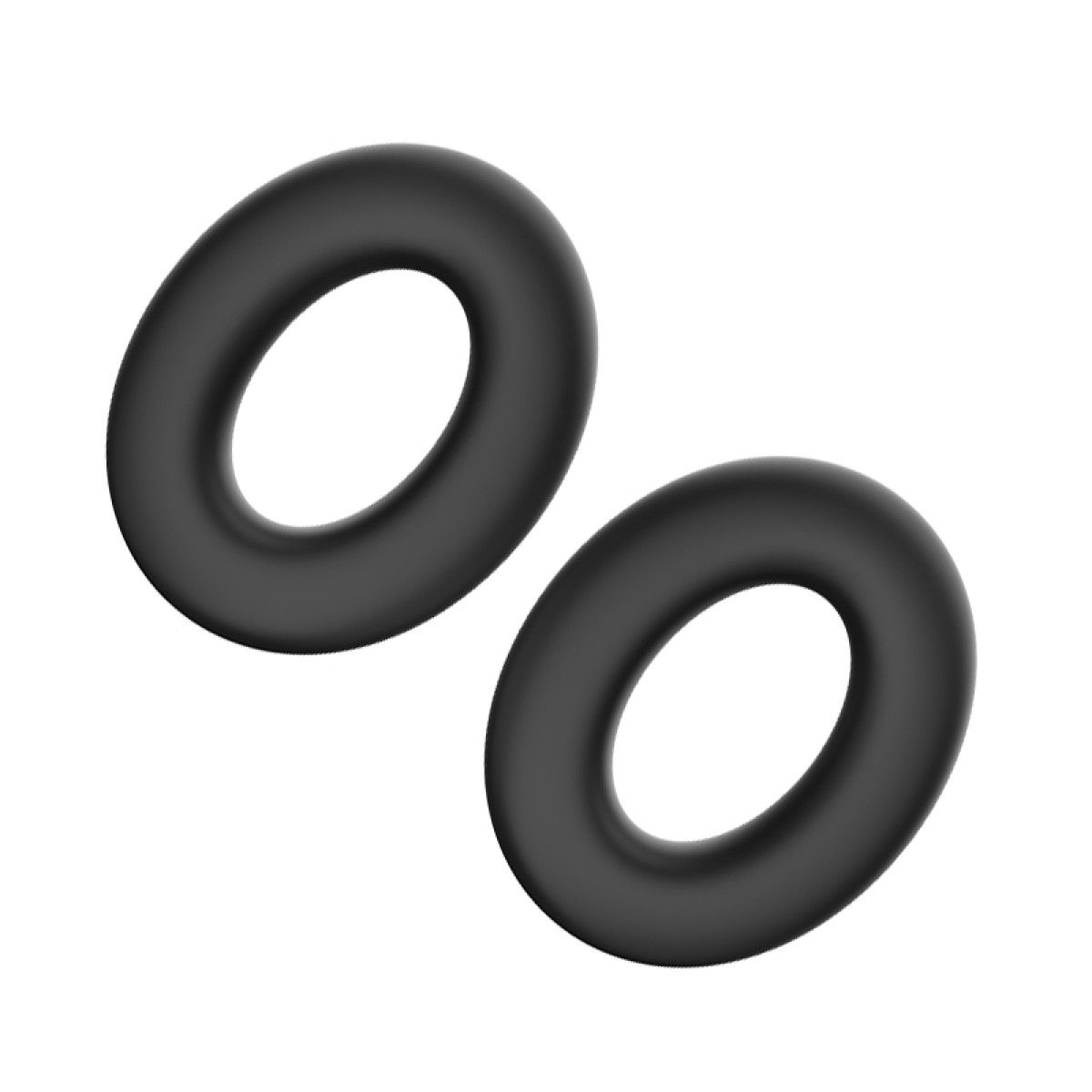 Twee zwarte, rubberachtige ringen, naast elkaar, op een witte achtergrond.