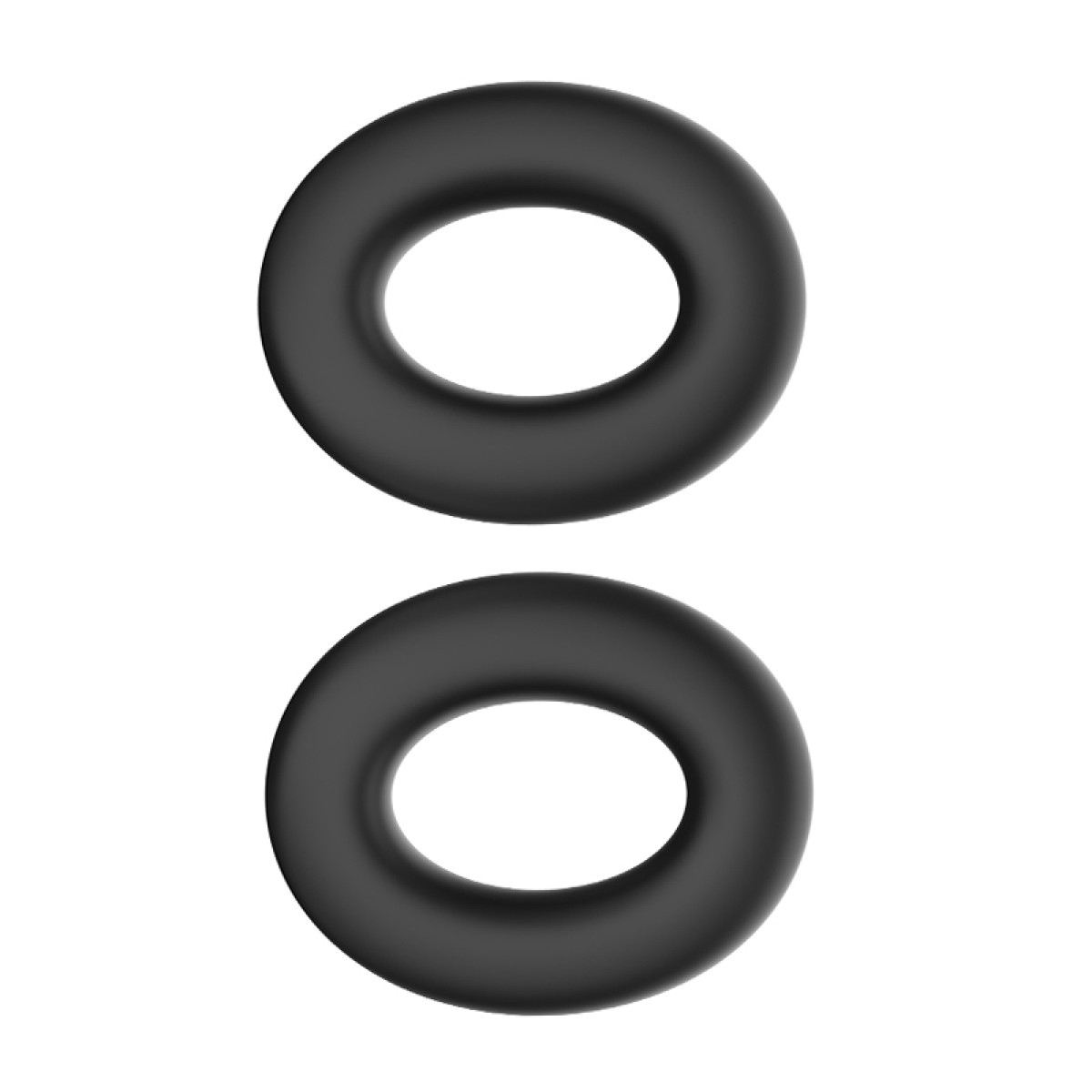 Twee zwarte, donutvormige objecten, waarschijnlijk fitnessringen, tegen een witte achtergrond.