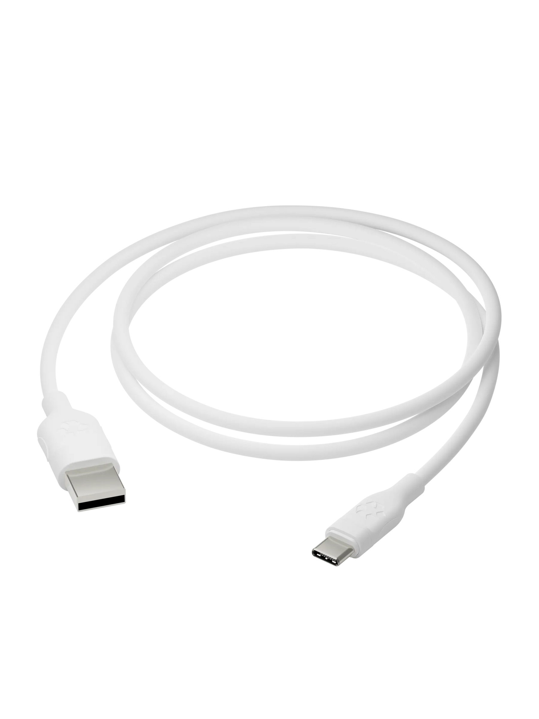 Cavo USB bianco con connettore di tipo A e C, su sfondo nero.