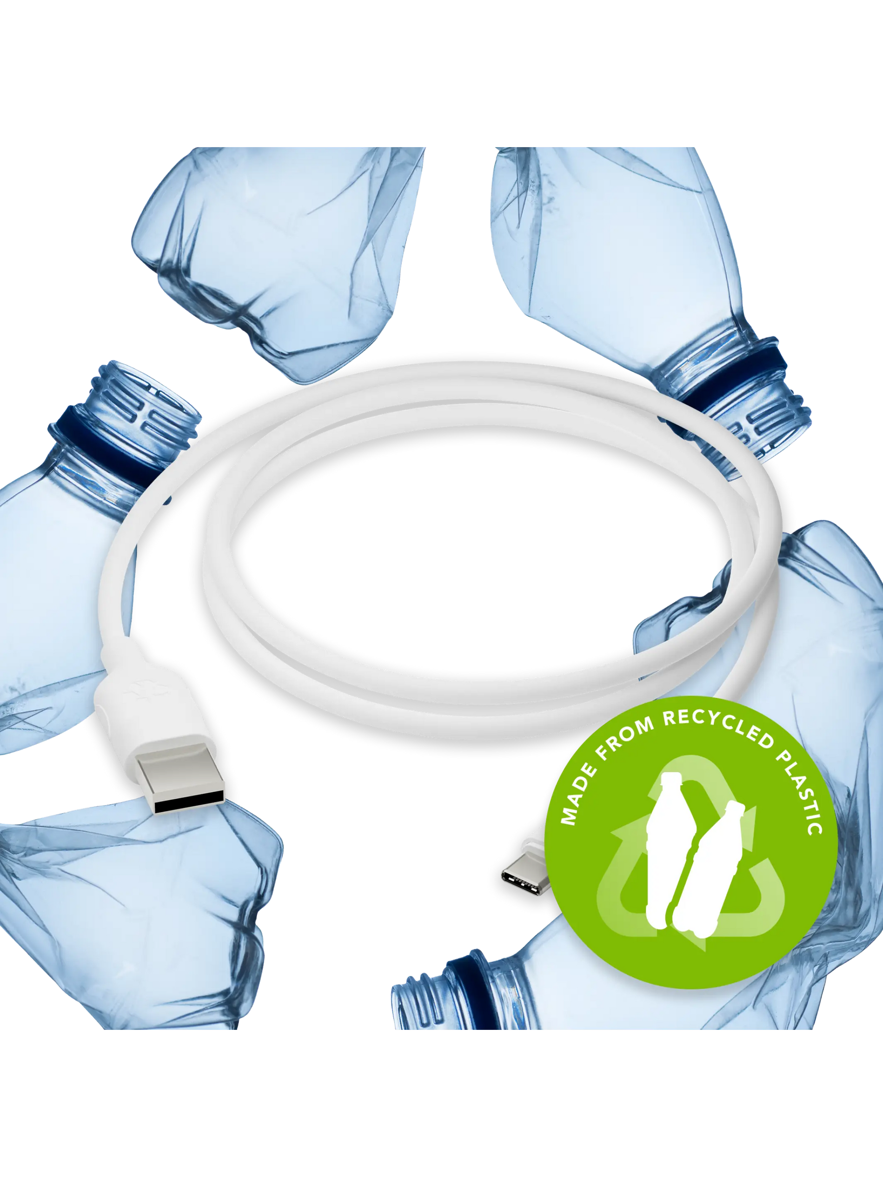 Cavo USB-C bianco con etichetta verde 'Made from Recycled Plastic' e bottiglie.