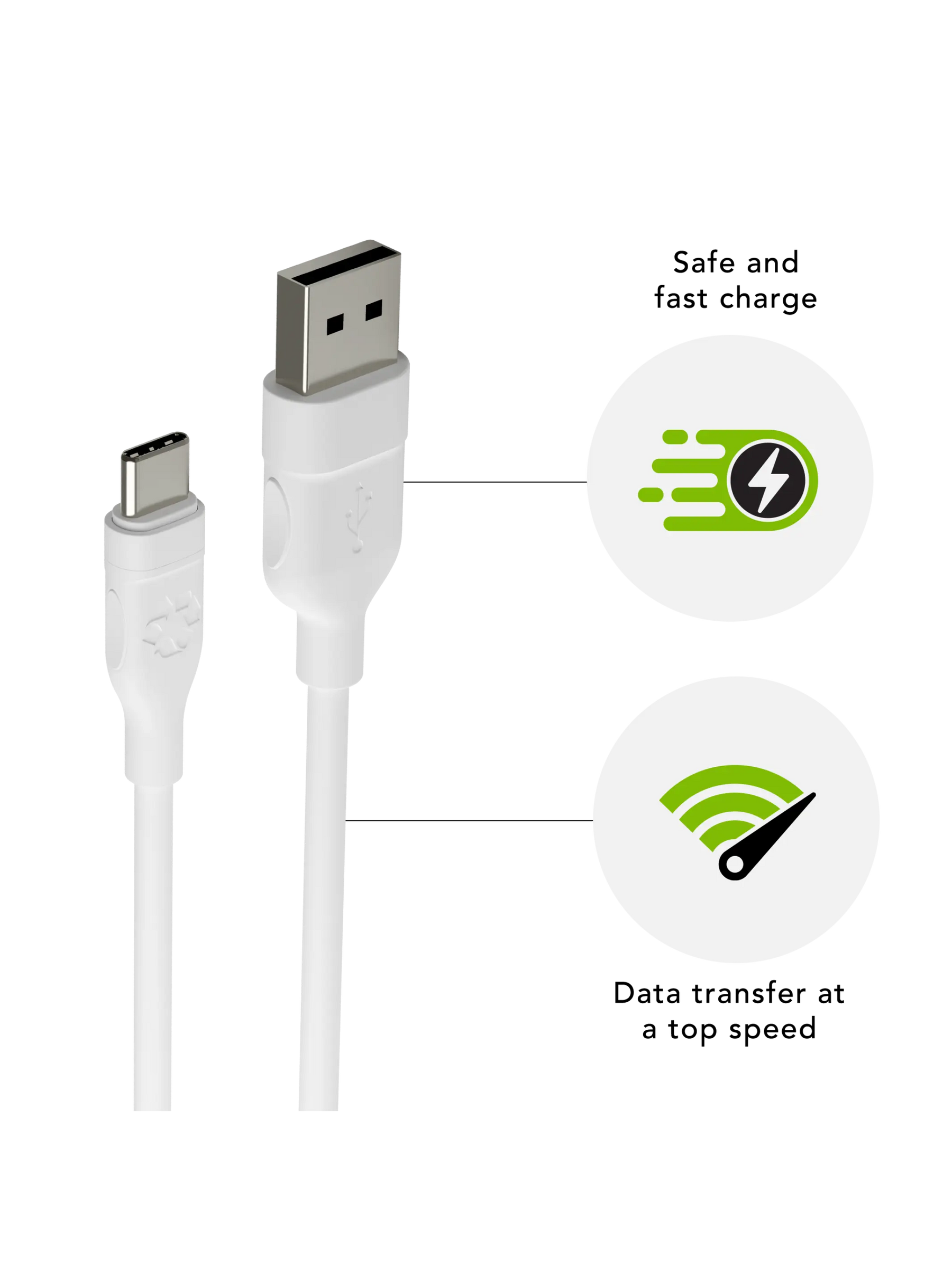 Cavo USB bianco con connettore USB-A e USB-C, con icone di velocità e alimentazione.