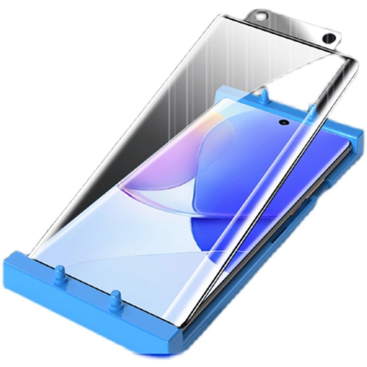 Un kit proteggi schermo con cornice blu. Un telefono è nel telaio, si sta applicando una protezione.