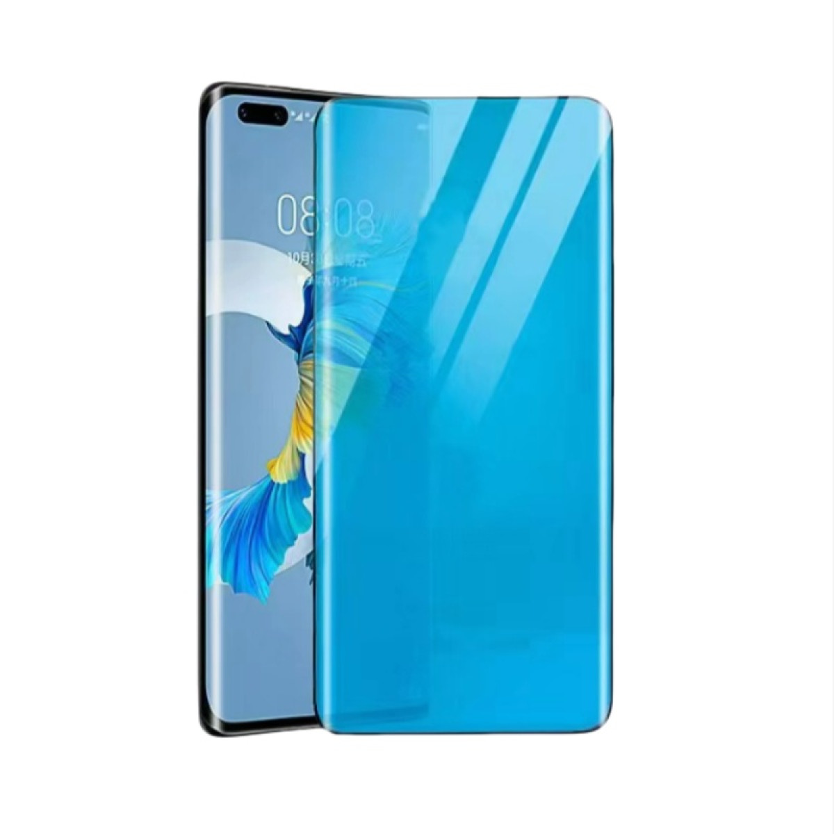 Uno smartphone con una protezione schermo blu. Il telefono è nero e ha uno schermo acceso.