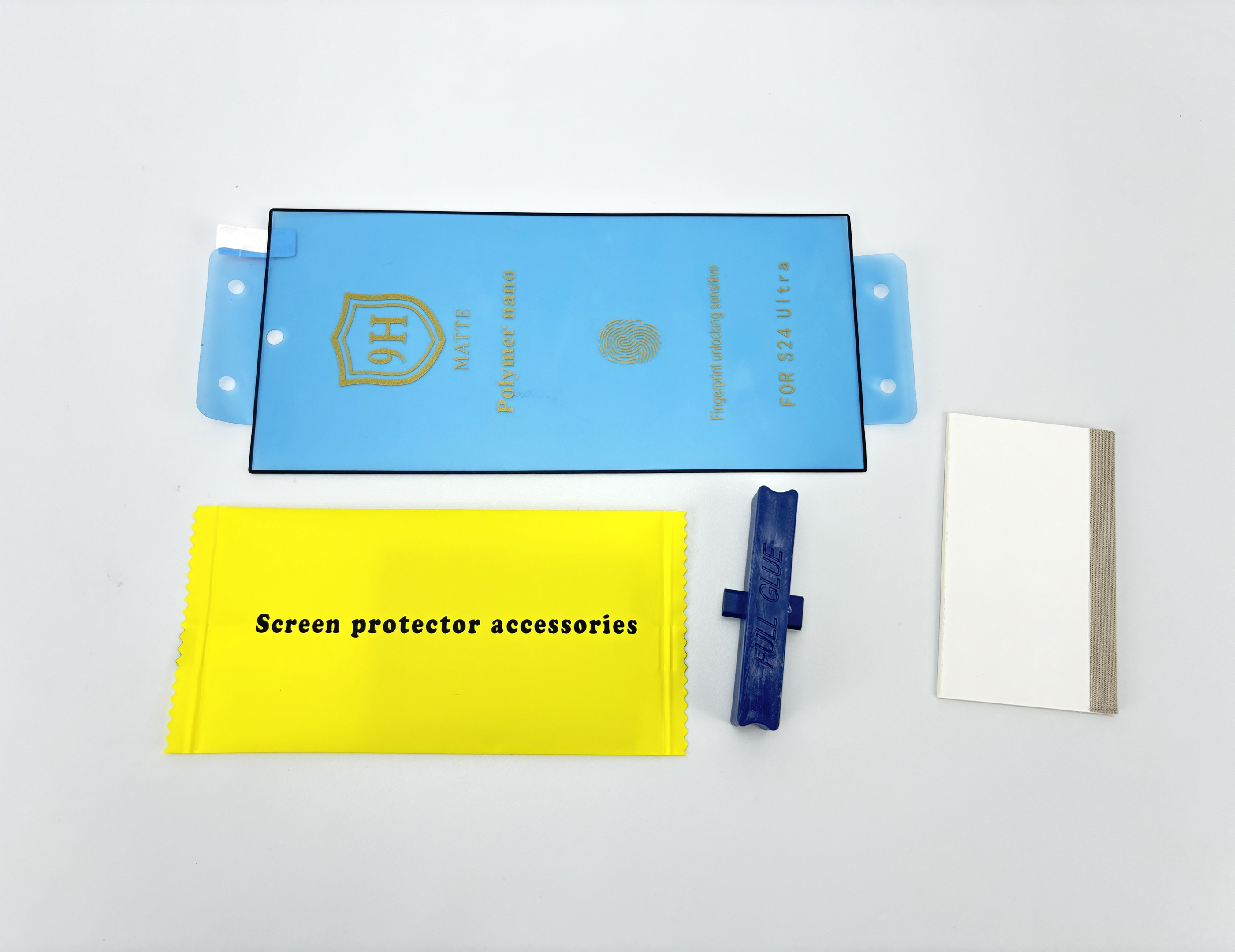 Screen protector accessories: blue frame, screen protector, yellow wipe, and a cleaning tool.