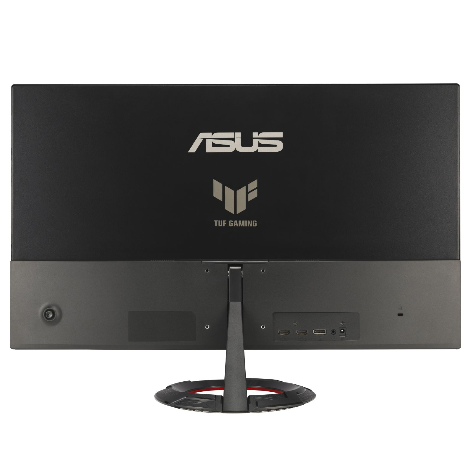 Monitor komputerowy, widok z tyłu. Czarny ze srebrnym logo ASUS i TUF Gaming.