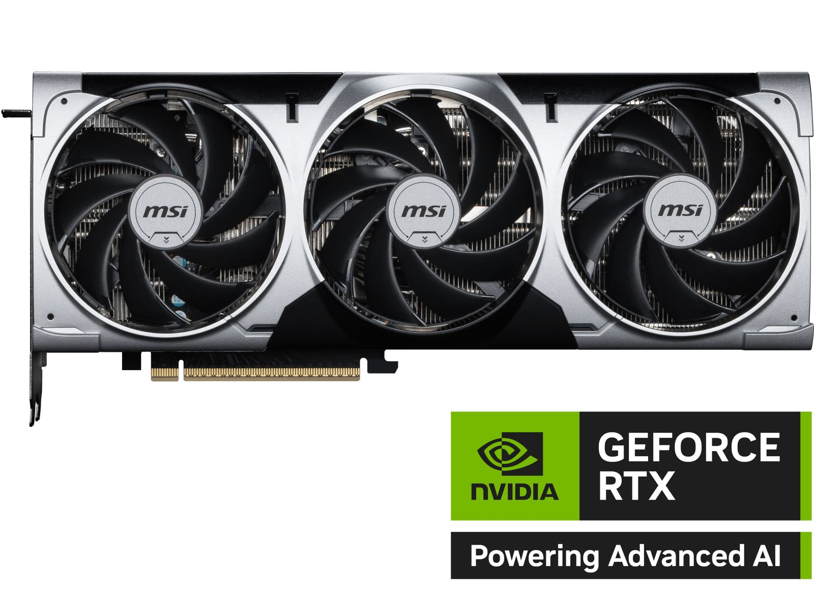 Üç fanlı gümüş MSI grafik kartı. NVIDIA GeForce RTX logosunu ve metnini içerir.