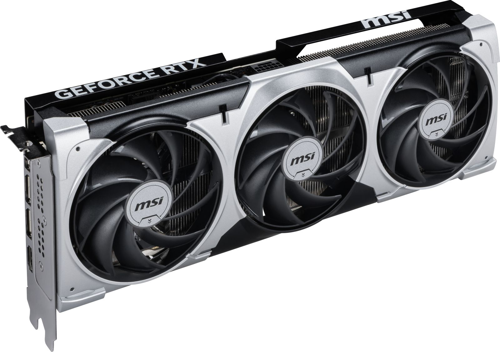Üç fanlı, gümüş ve siyah bir MSI GeForce RTX grafik kartı.