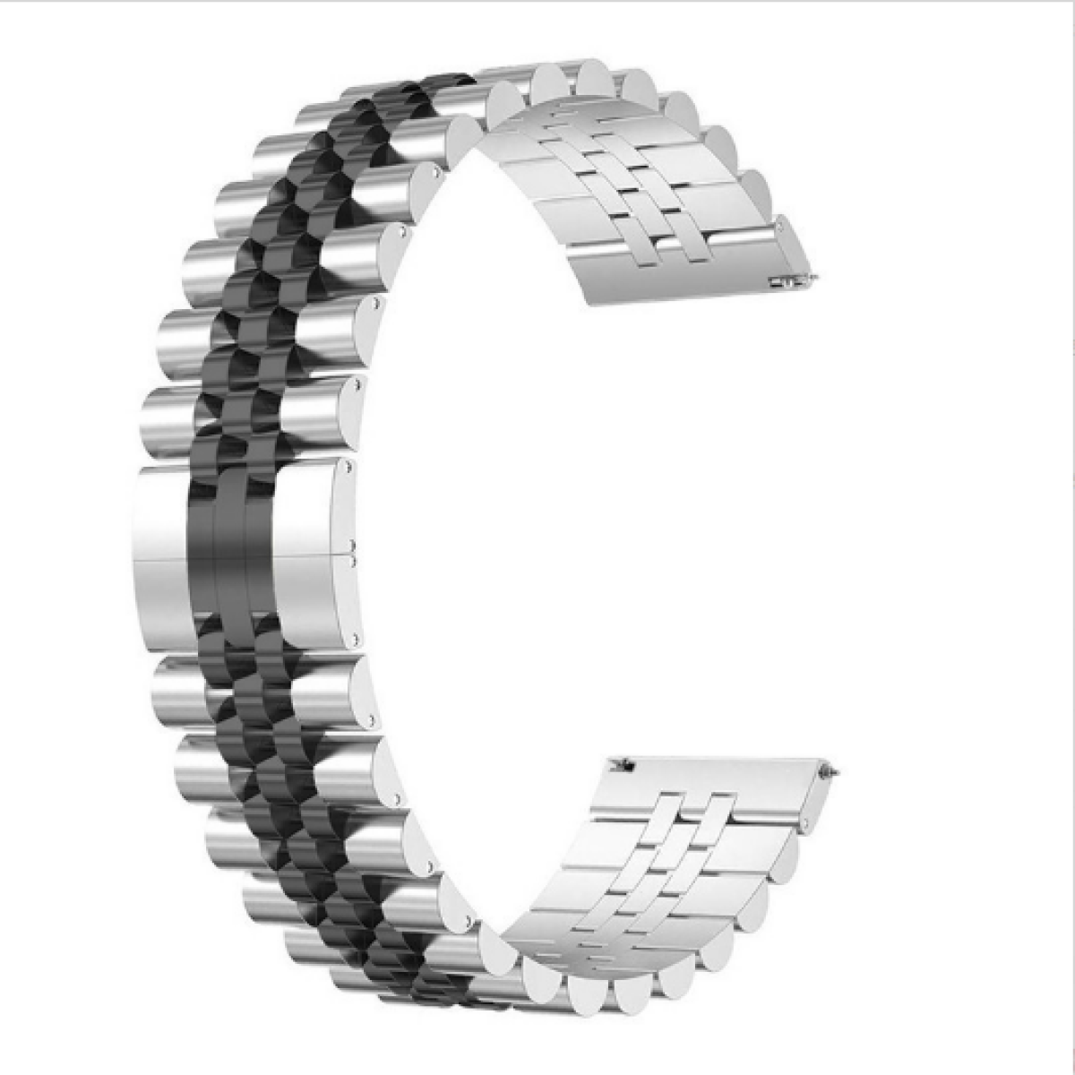 Cinturino d'orologio argentato a forma curva su sfondo bianco.
