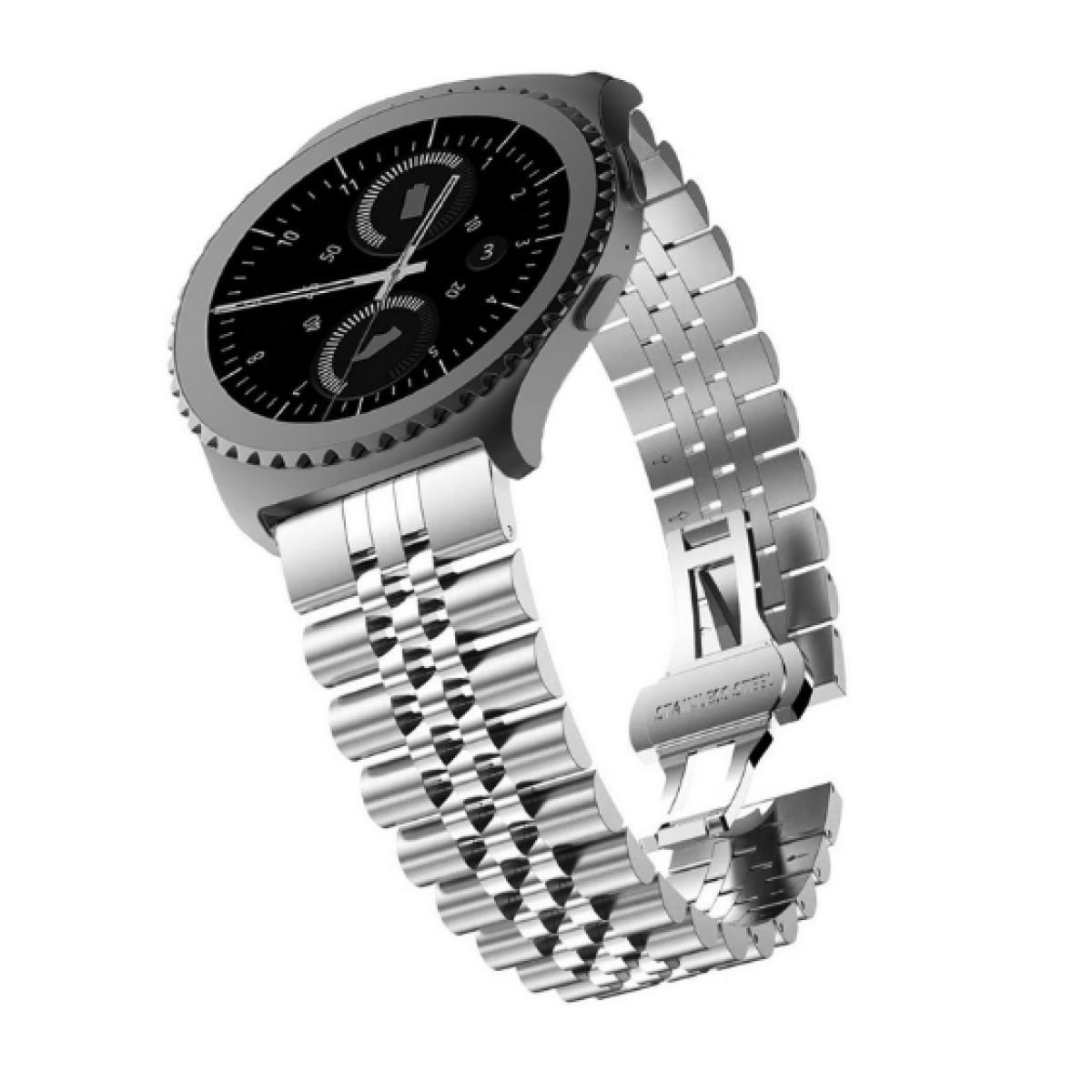 Smartwatch argentato con cinturino in acciaio inossidabile, leggermente angolato verso l'alto, sfondo bianco.