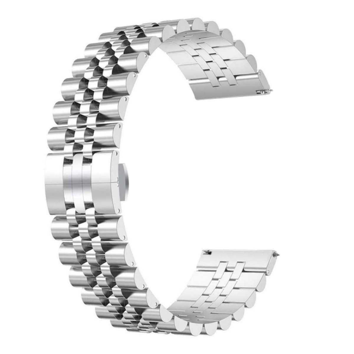 Un cinturino per orologio in metallo argentato con maglie arrotondate, collegate e curvate a forma di C.