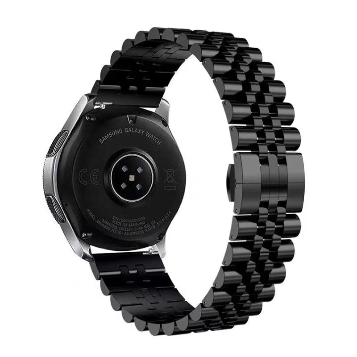 Un orologio Samsung Galaxy nero con cinturino in metallo nero su una superficie bianca.
