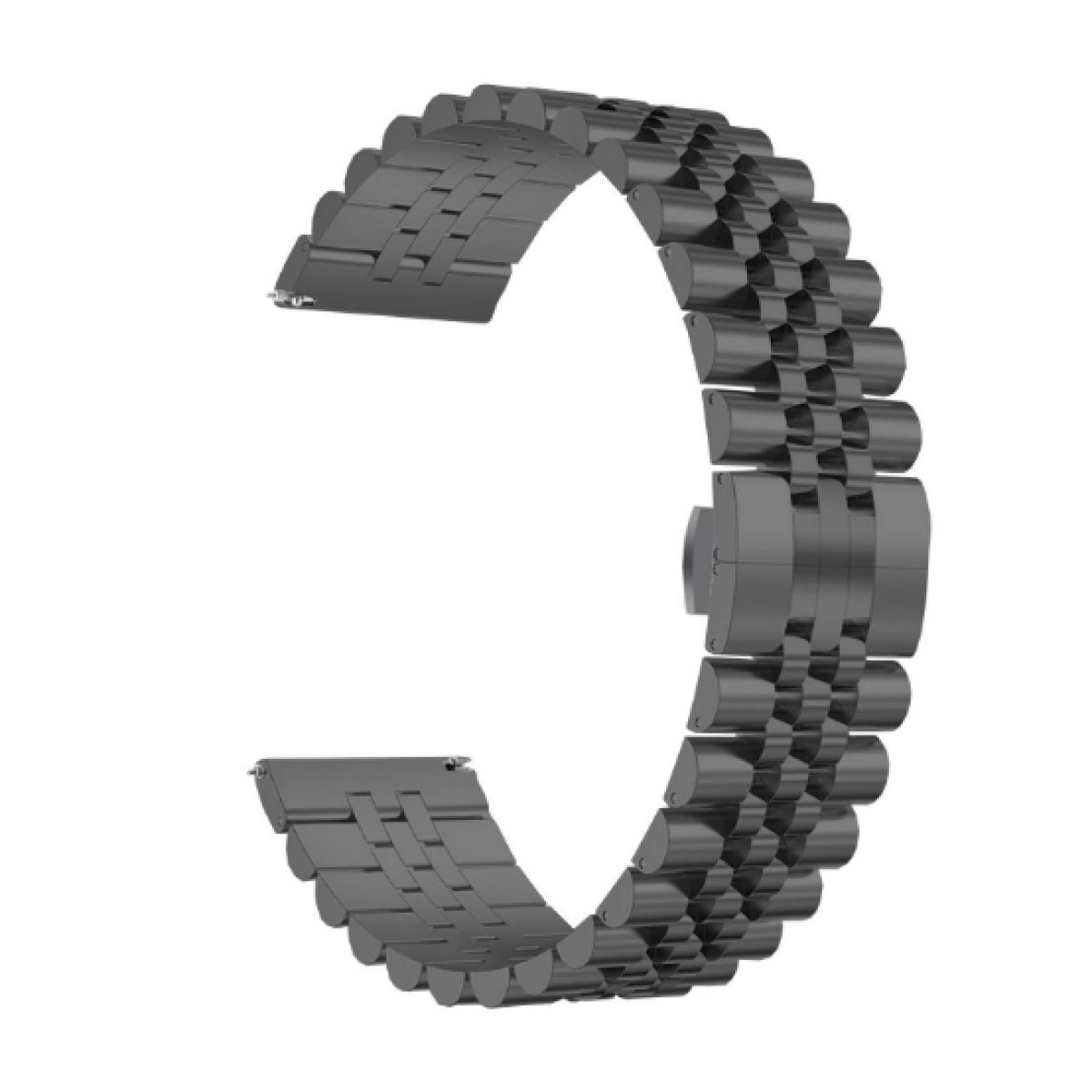 Un cinturino nero per orologio fatto di maglie metalliche interconnesse. La chiusura è visibile.