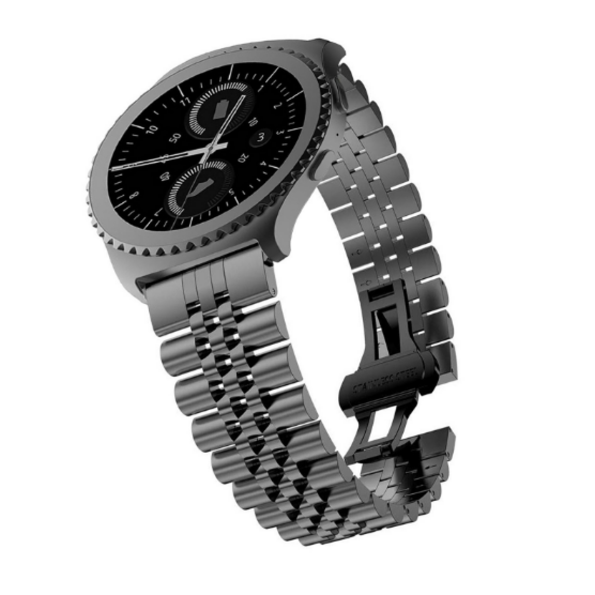 Un orologio in acciaio inossidabile argentato con quadrante nero e bracciale in metallo.