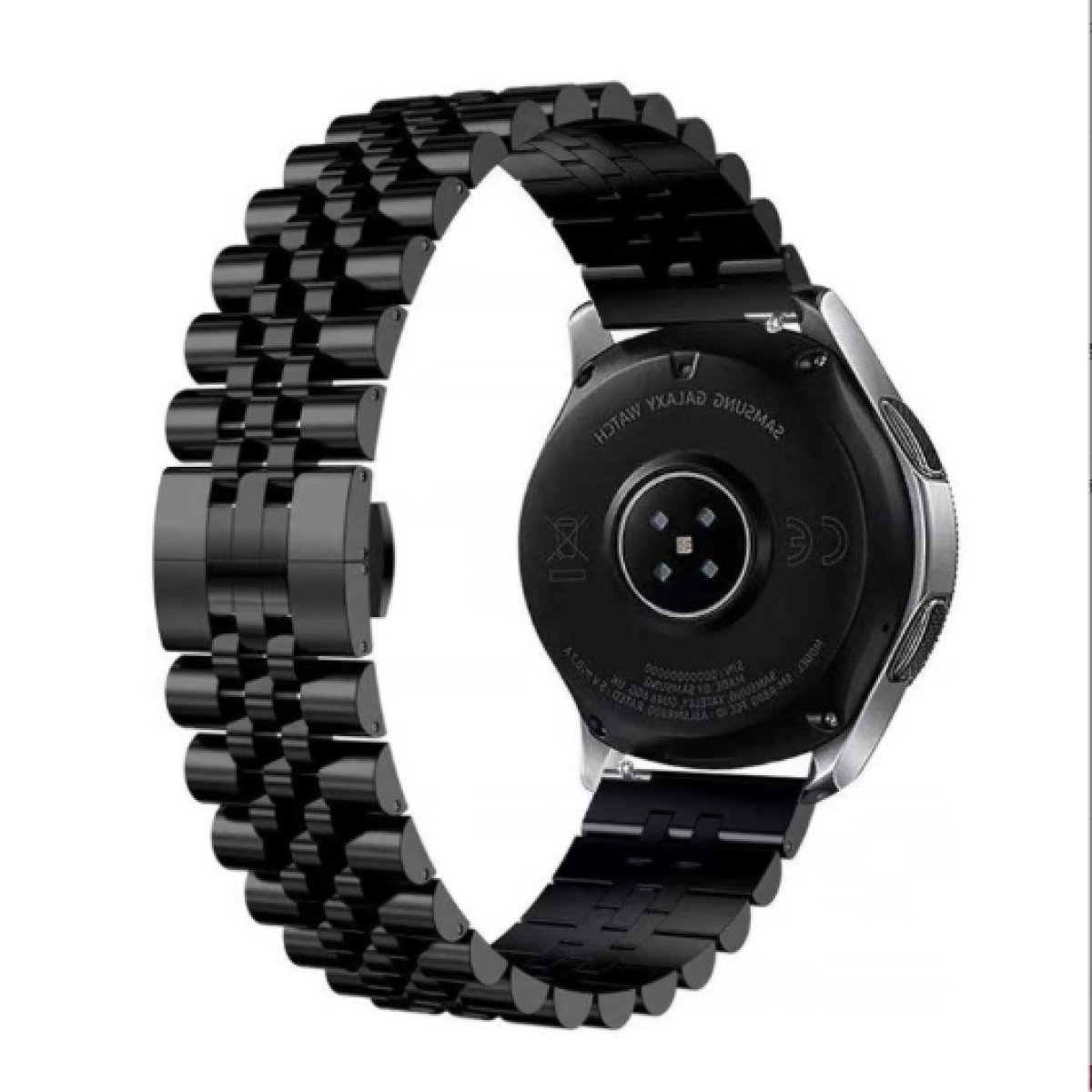 Orologio nero con cinturino nero. Il retro dell'orologio è visibile. Bordo argentato attorno al quadrante. Logo Samsung.