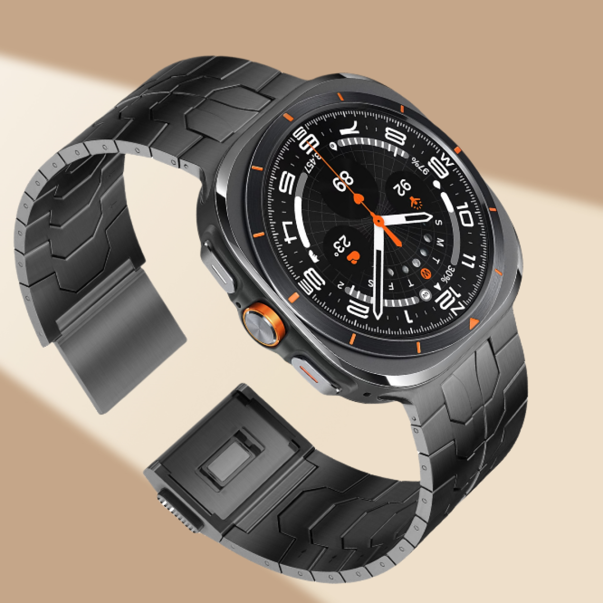 Eine schwarz-graue Smartwatch mit Metallarmband, das Zifferblatt zeigt Zeit und andere Daten an.